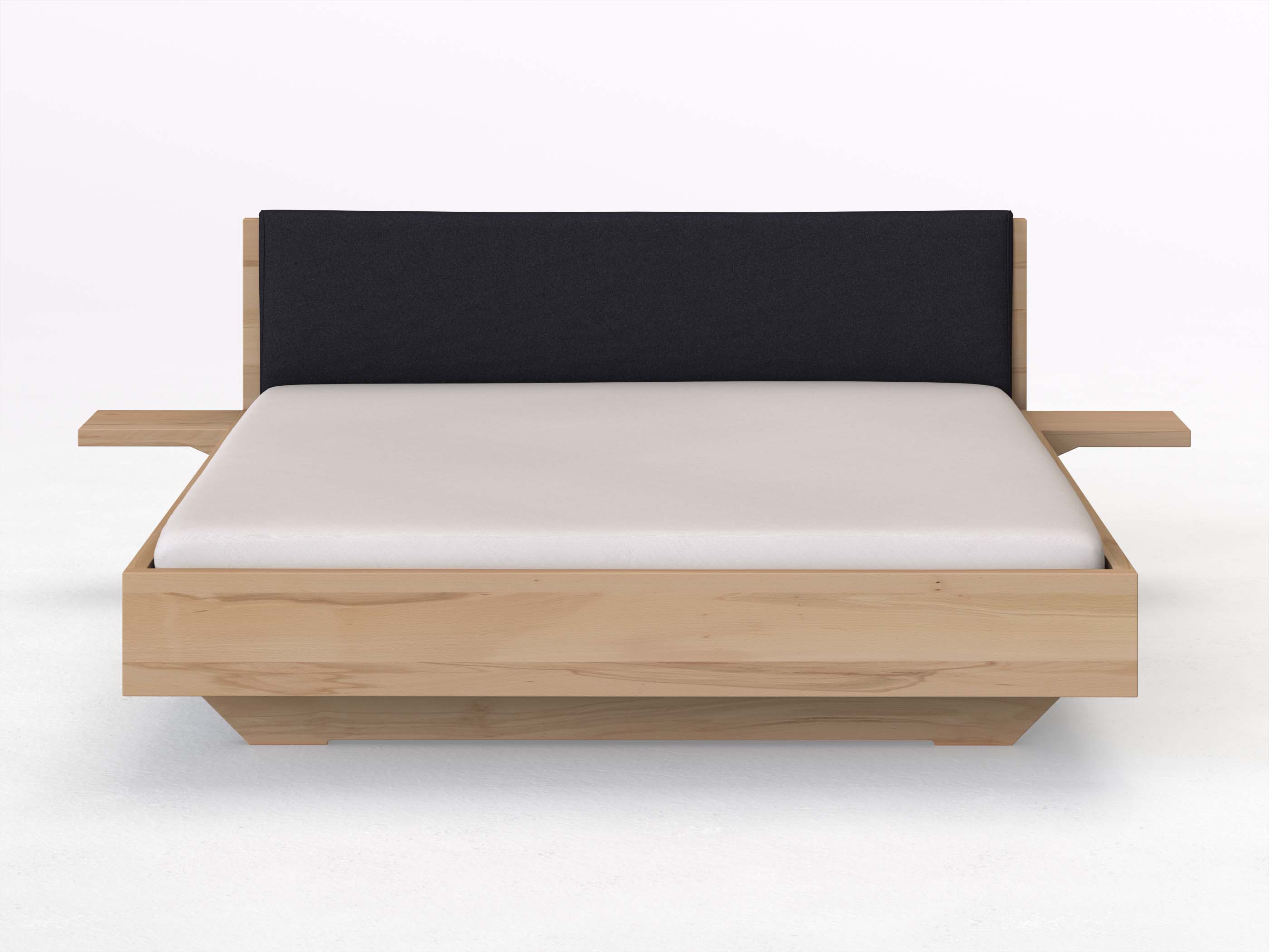 Kernbuchenbett „Lukas“ in 180 x 200 cm mit 2 Ablagen und Stoffkopfteil - Stoff: Schafschurwolle „Loden“ in der Farbe Nachtblau