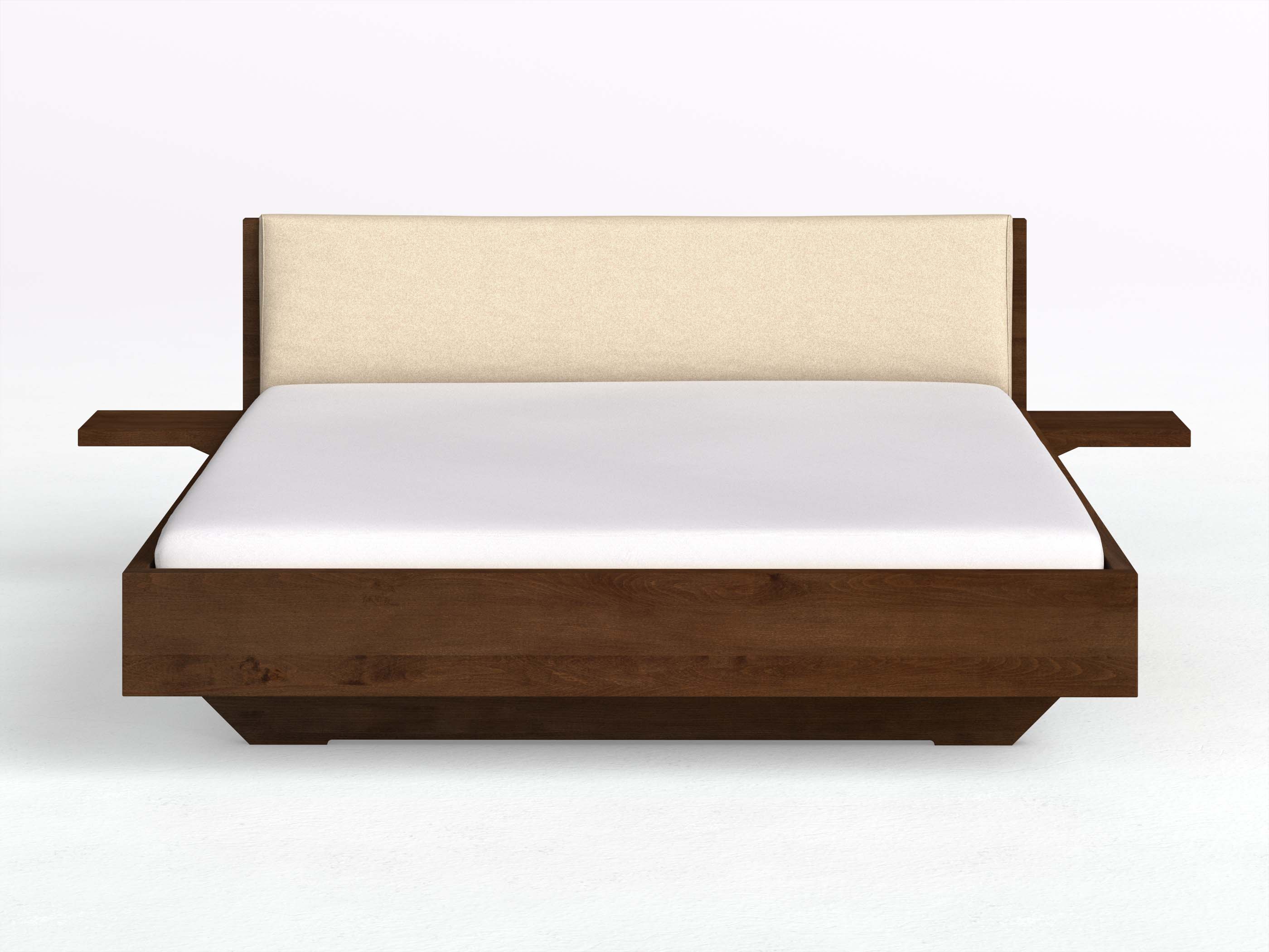 Kernbuchenbett Dunkel „Lukas“ in 180 x 200 cm mit 2 Ablagen und Stoffkopfteil - Stoff: Schafschurwolle „Fischgrät“ in der Farbe Holunderblüte