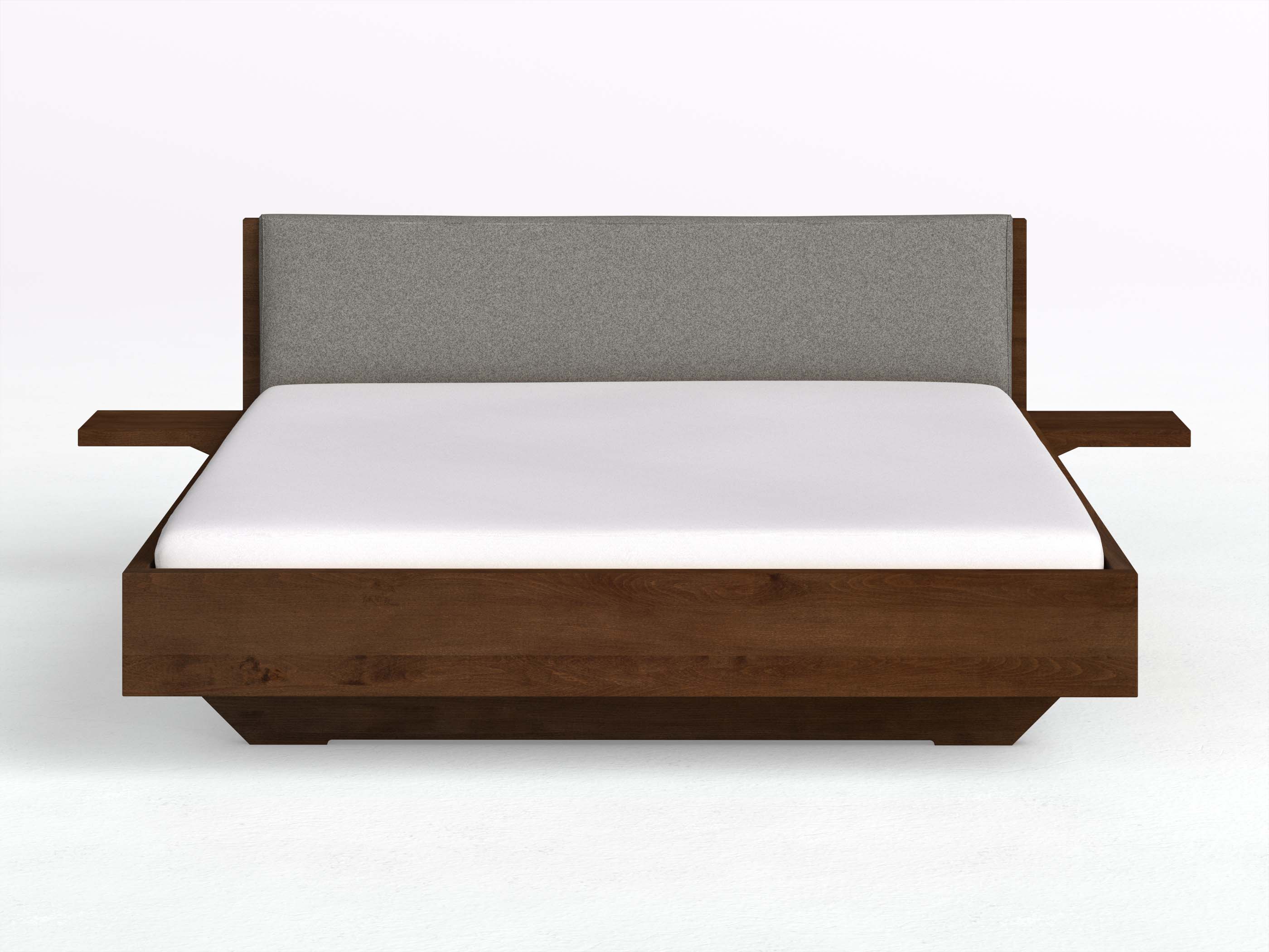 Kernbuchenbett Dunkel „Lukas“ in 180 x 200 cm mit 2 Ablagen und Stoffkopfteil - Stoff: Schafschurwolle „Fischgrät“ in der Farbe Grauer Mohn