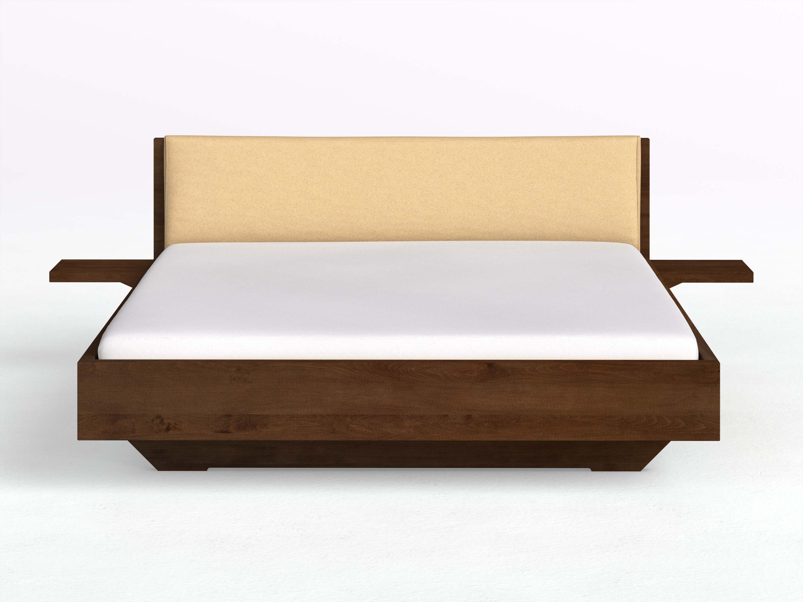 Kernbuchenbett Dunkel „Lukas“ in 180 x 200 cm mit 2 Ablagen und Stoffkopfteil - Stoff: Schafschurwolle „Fischgrät“ in der Farbe Goldhirse