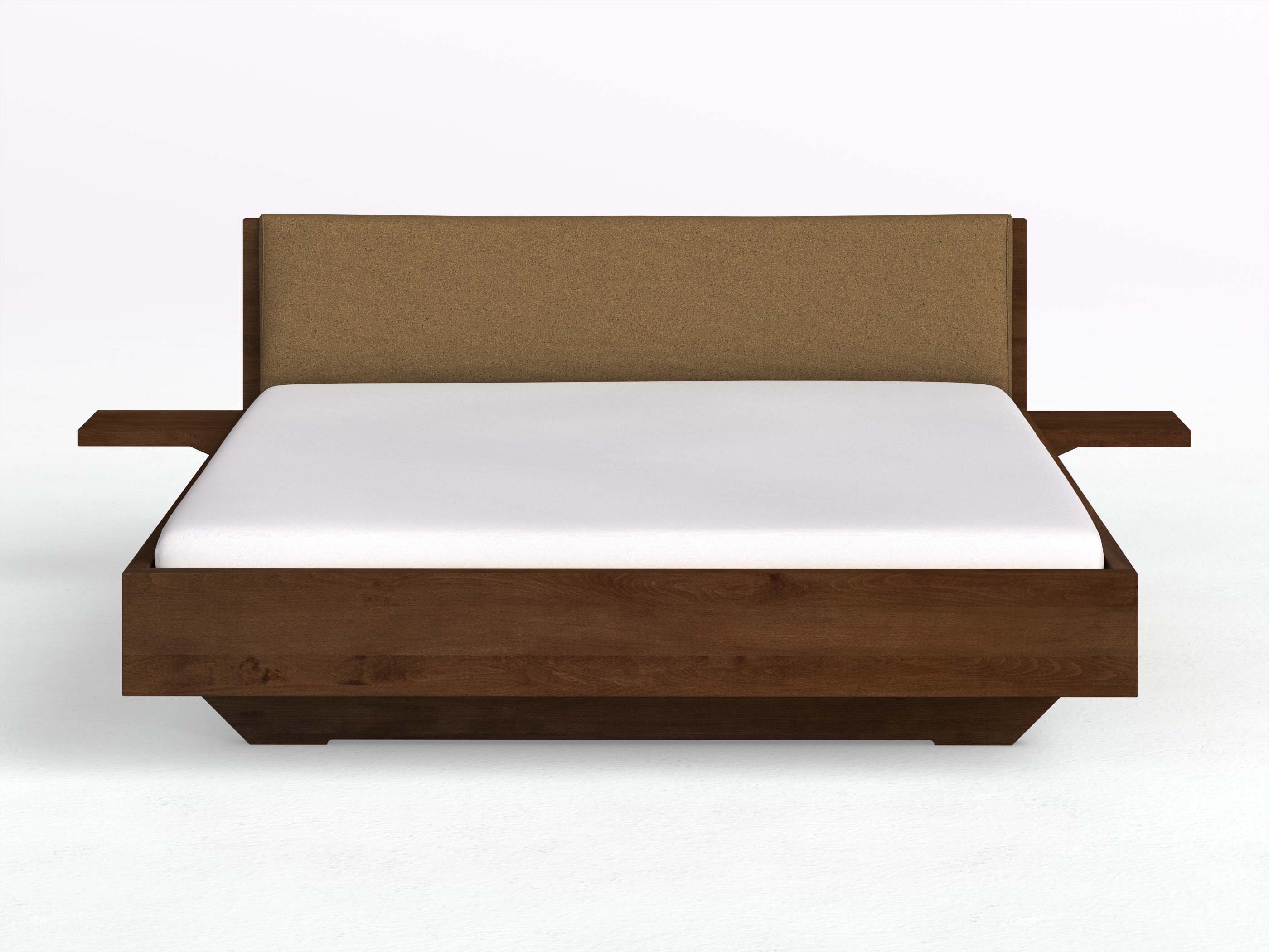 Kernbuchenbett Dunkel „Lukas“ in 180 x 200 cm mit 2 Ablagen und Stoffkopfteil - Stoff: Schafschurwolle „Loden“ in der Farbe Zimtrinde