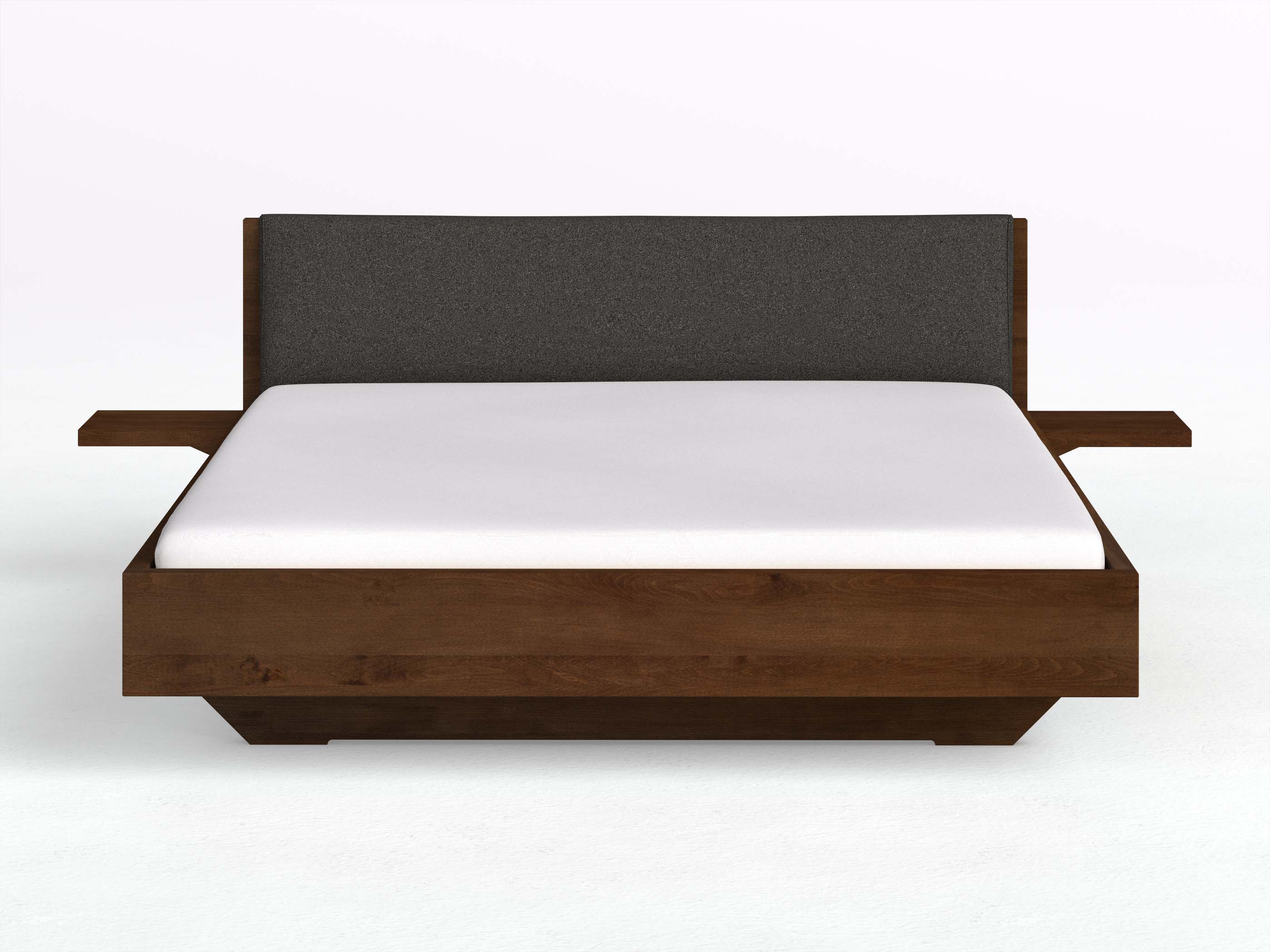 Kernbuchenbett Dunkel „Lukas“ in 180 x 200 cm mit 2 Ablagen und Stoffkopfteil - Stoff: Schafschurwolle „Loden“ in der Farbe Anthrazit