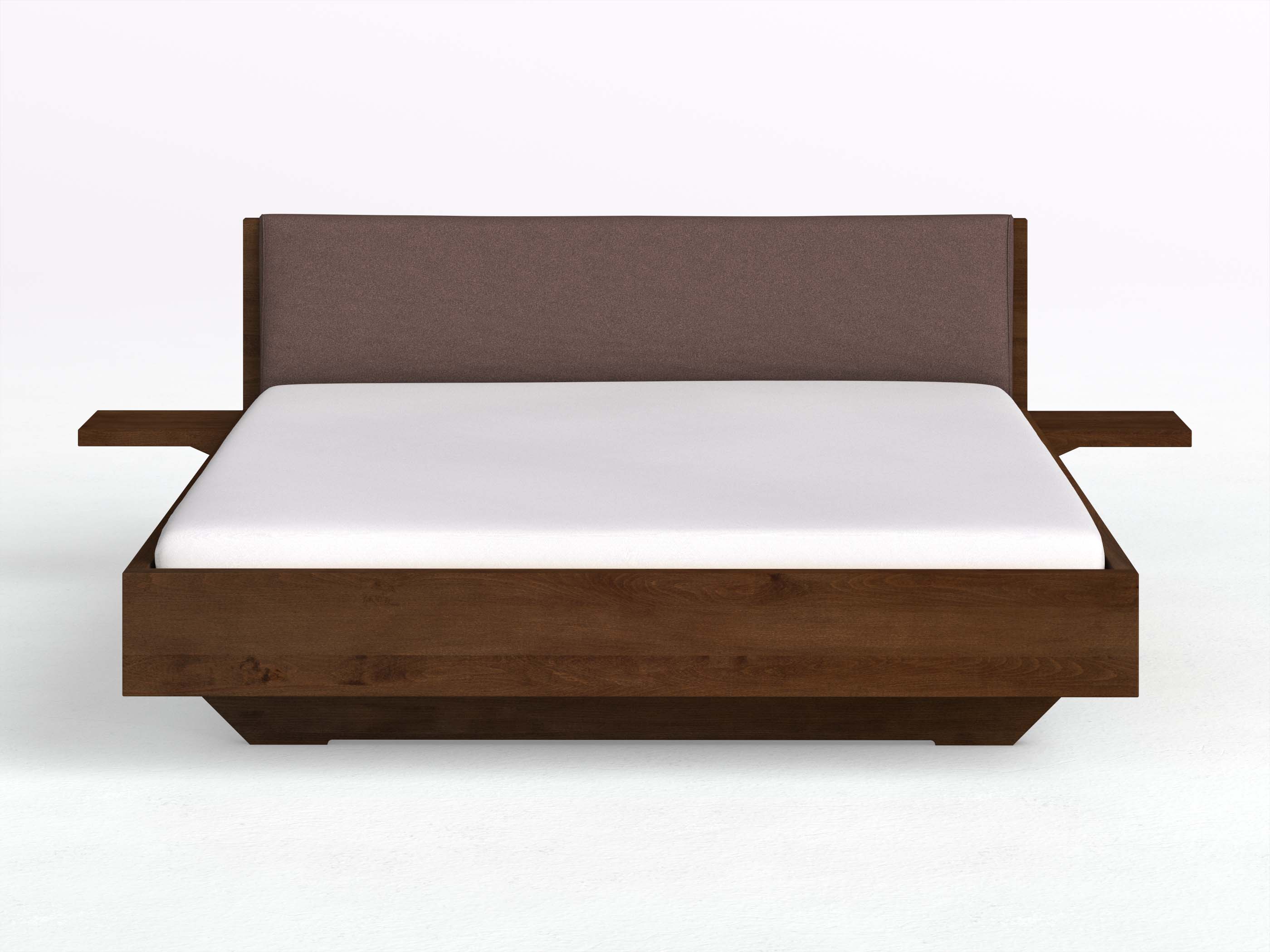 Kernbuchenbett Dunkel „Lukas“ in 180 x 200 cm mit 2 Ablagen und Stoffkopfteil - Stoff: Schafschurwolle „Loden“ in der Farbe Abenddämmerung