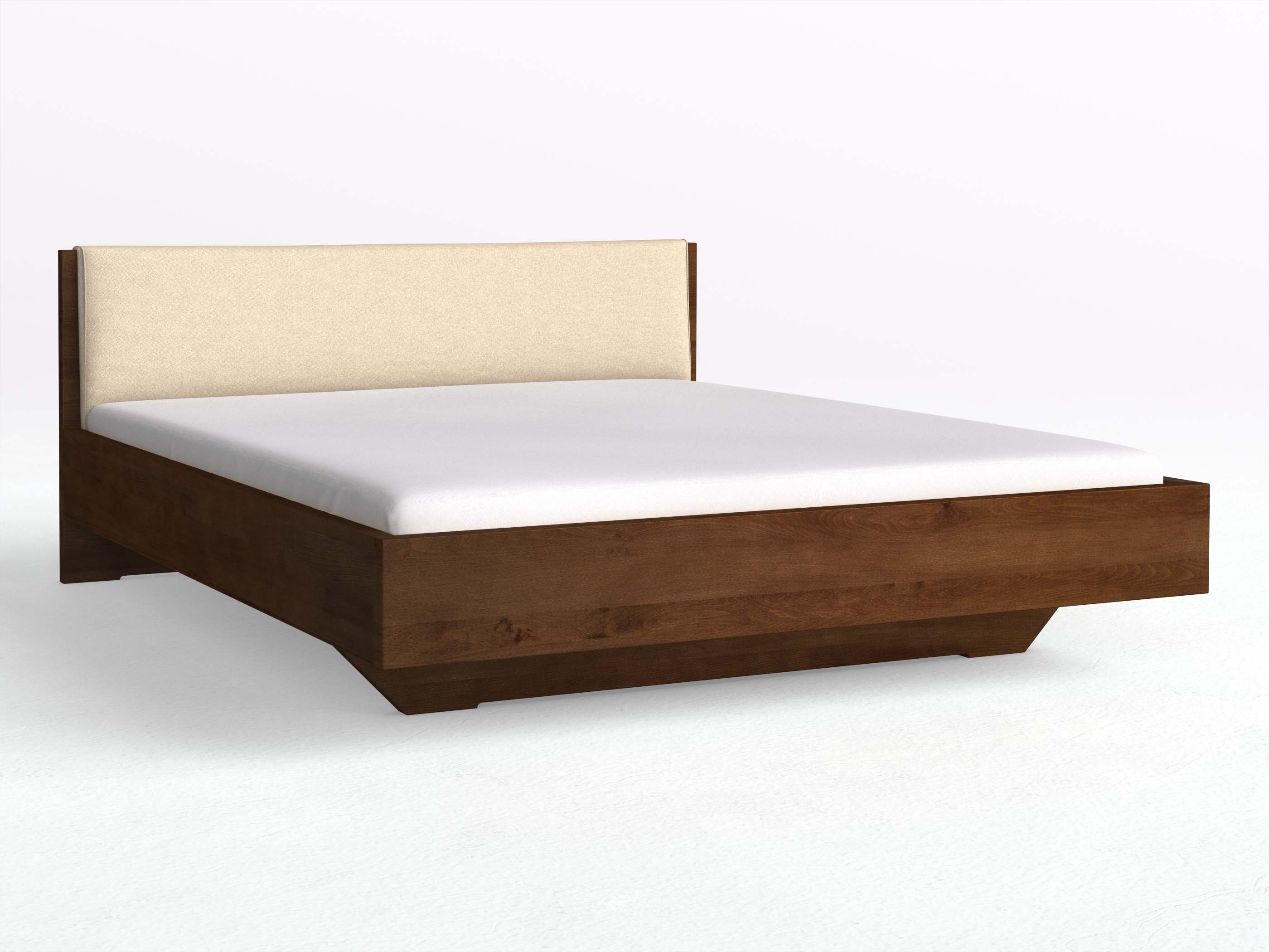 Kernbuchenbett Dunkel „Lukas“ in 180 x 200 cm, mit Stoffkopfteil - Stoff: Schafschurwolle „Fischgrät“ in der Farbe Holunderblüte