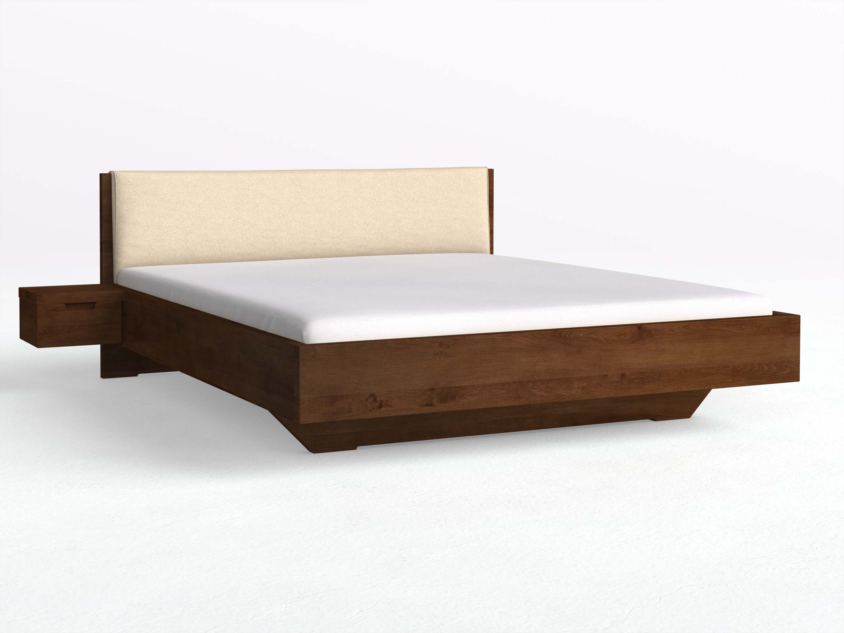 Kernbuchenbett Dunkel „Lukas“ in 180 x 200 cm mit zwei Nachttischen und Stoffkopfteil - Stoff: Schafschurwolle „Fischgrät“ in der Farbe Holunderblüte