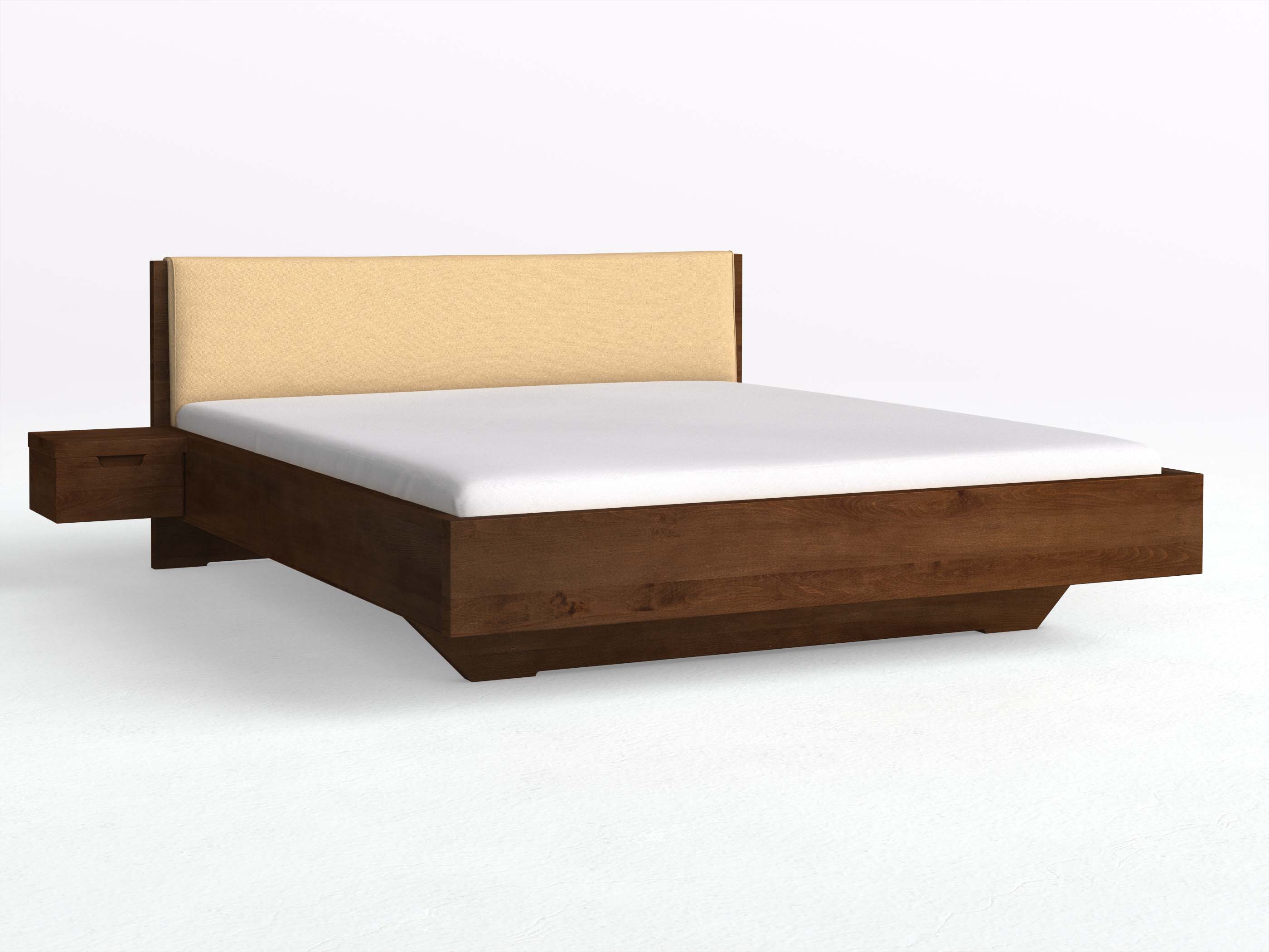 Kernbuchenbett Dunkel „Lukas“ in 180 x 200 cm mit zwei Nachttischen und Stoffkopfteil - Stoff: Schafschurwolle „Fischgrät“ in der Farbe Goldhirse