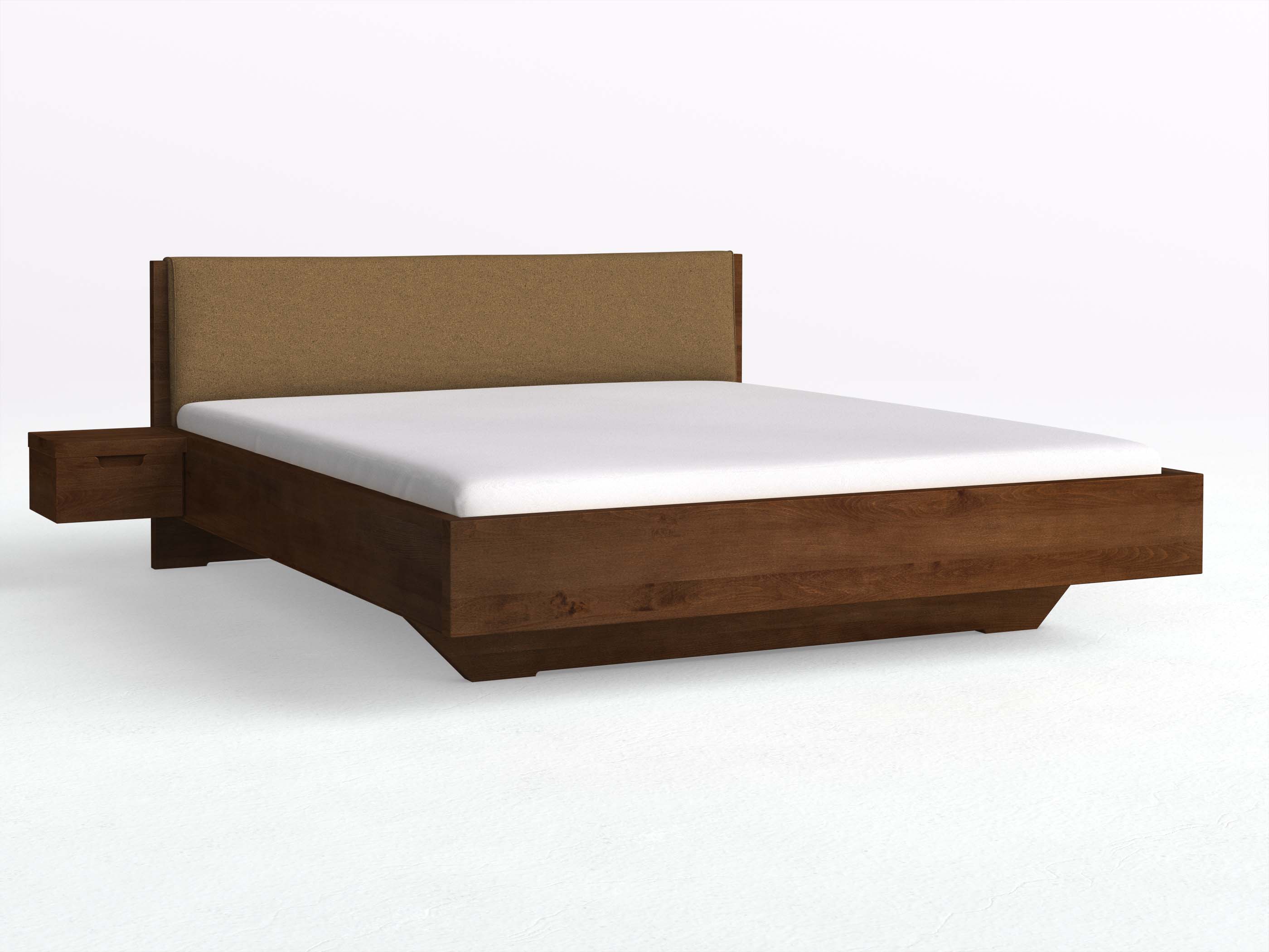 Kernbuchenbett Dunkel „Lukas“ in 180 x 200 cm mit zwei Nachttischen und Stoffkopfteil - Stoff: Schafschurwolle „Loden“ in der Farbe Zimtrinde