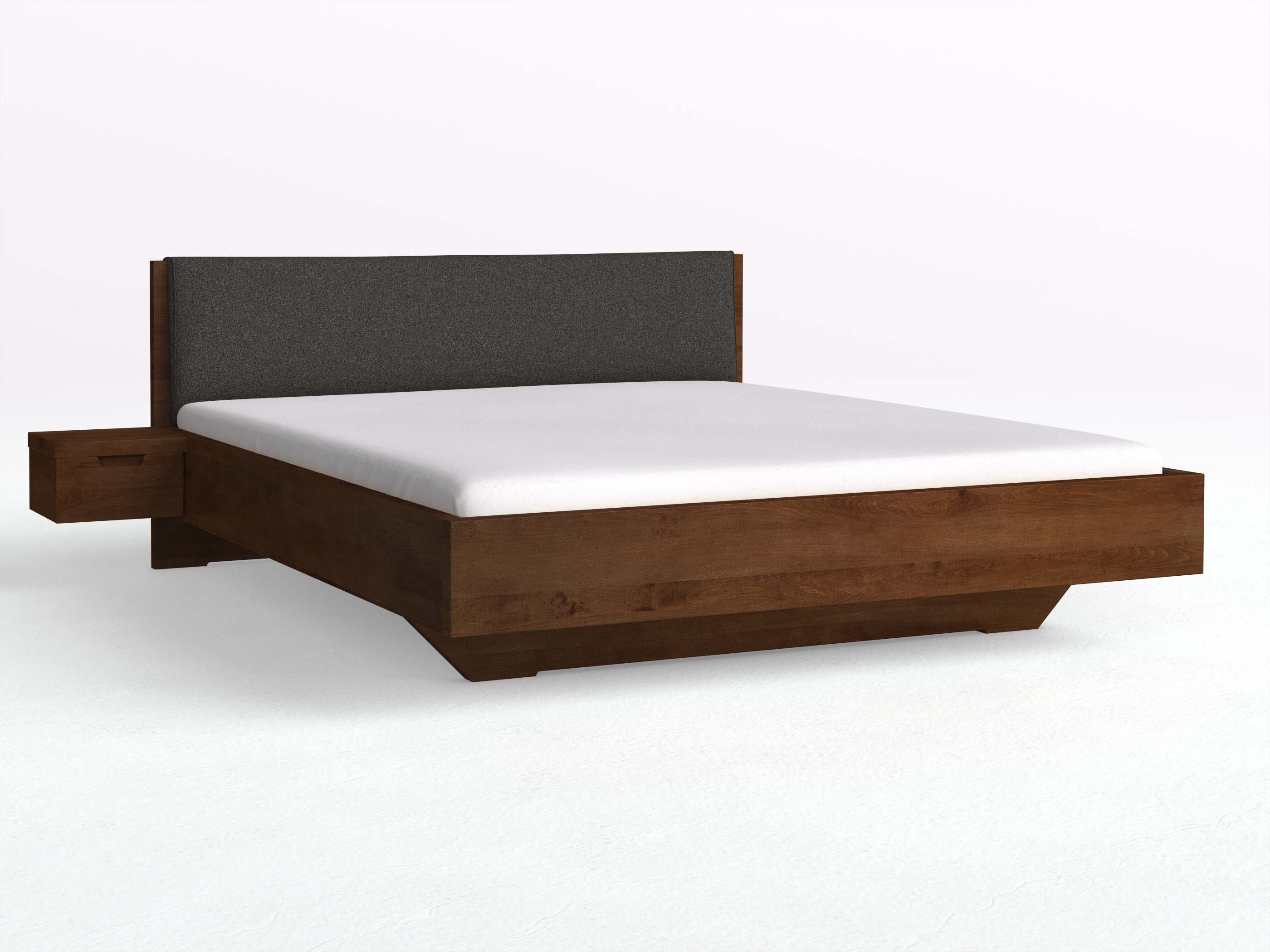 Kernbuchenbett Dunkel „Lukas“ in 180 x 200 cm mit zwei Nachttischen und Stoffkopfteil - Stoff: Schafschurwolle „Loden“ in der Farbe Anthrazit