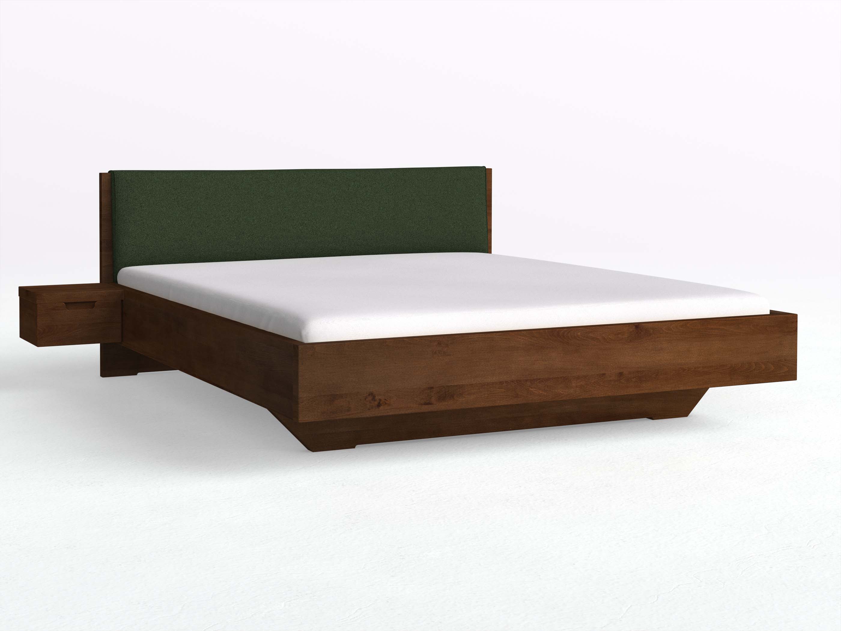 Kernbuchenbett Dunkel „Lukas“ in 180 x 200 cm mit zwei Nachttischen und Stoffkopfteil - Stoff: Schafschurwolle „Loden“ in der Farbe Tannenwald