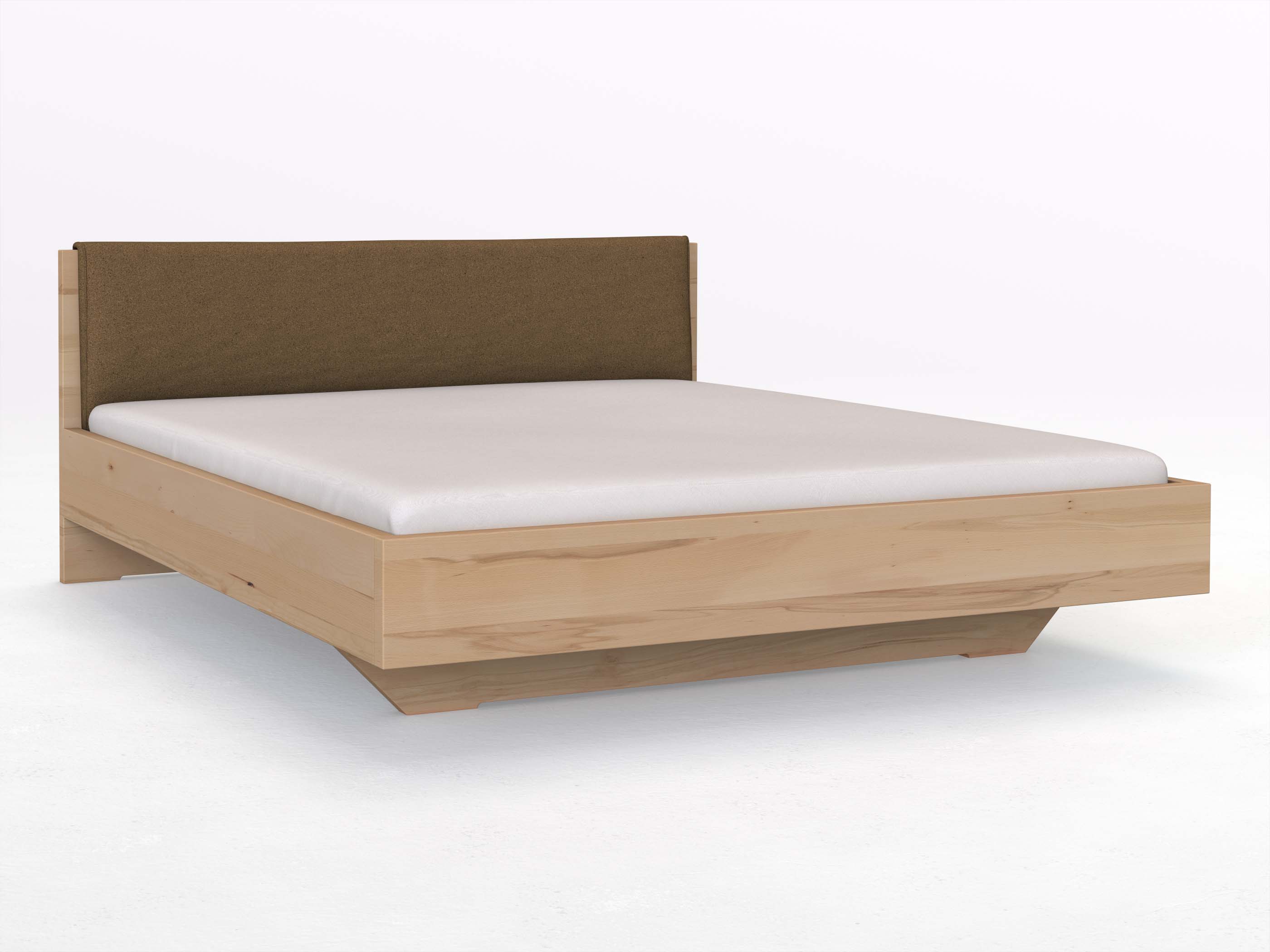 Kernbuchenbett „Lukas“ in 180 x 200 cm, mit Stoffkopfteil - Stoff: Schafschurwolle „Loden“ in der Farbe Zimtrinde