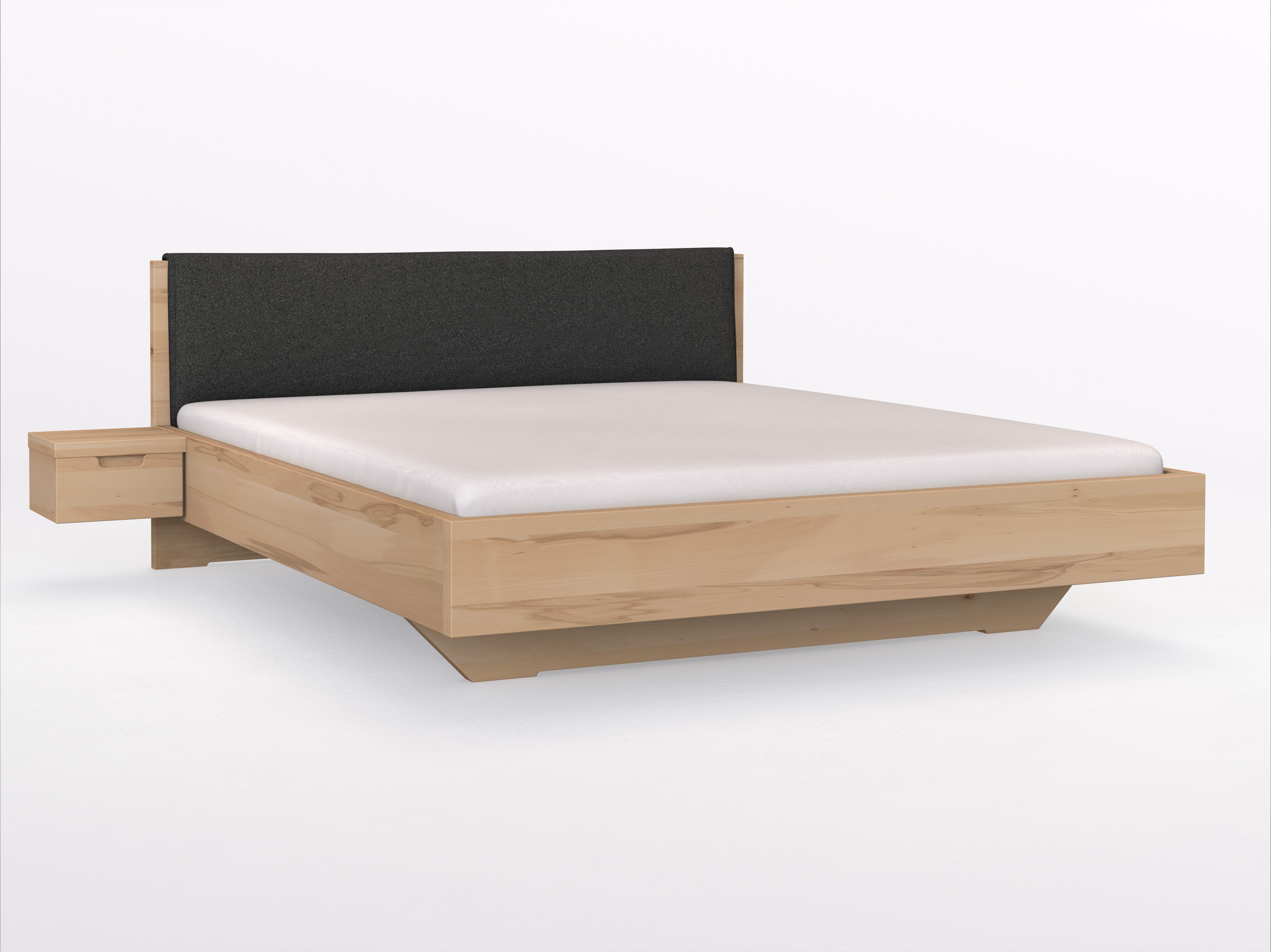 Kernbuchenbett „Lukas“ in 180 x 200 cm, mit Stoffkopfteil - Stoff: Schafschurwolle „Loden“ in der Farbe Anthrazit