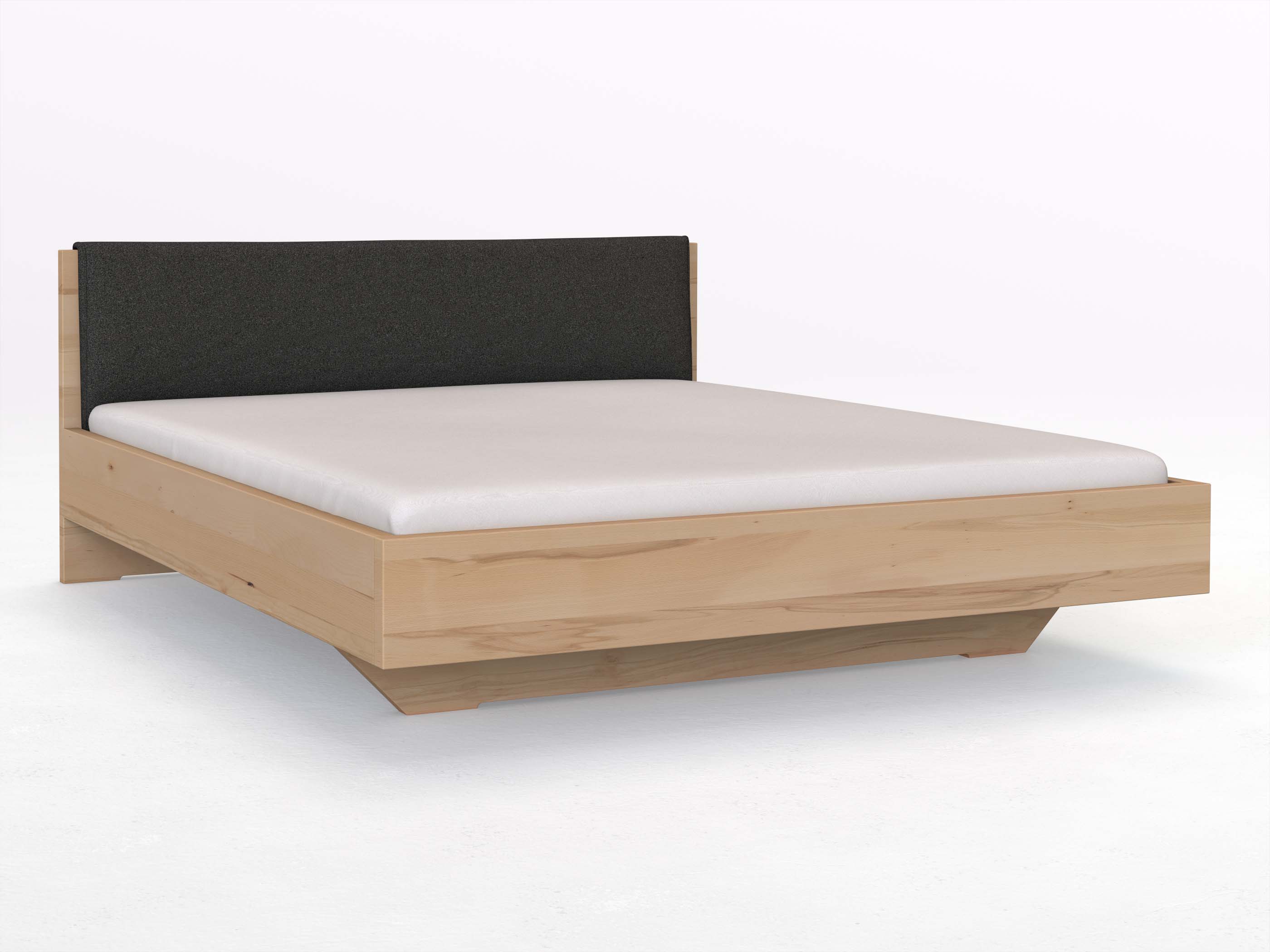 Kernbuchenbett „Lukas“ in 180 x 200 cm, mit Stoffkopfteil - Stoff: Schafschurwolle „Loden“ in der Farbe Anthrazit