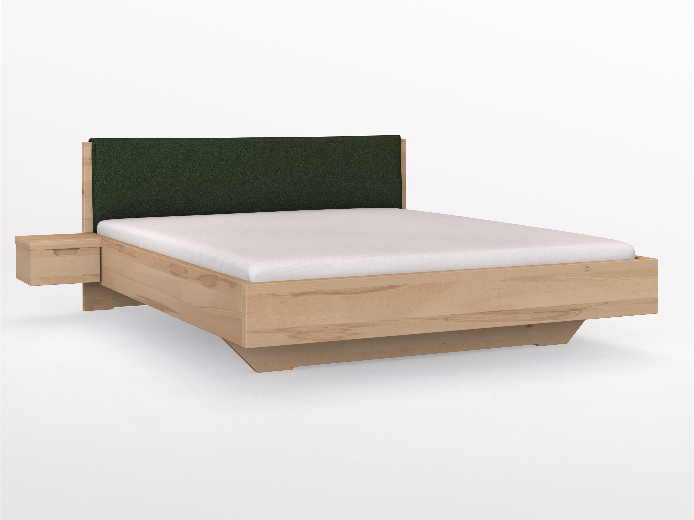 Kernbuchenbett „Lukas“ in 180 x 200 cm, mit Stoffkopfteil - Stoff: Schafschurwolle „Loden“ in der Farbe Tannenwald