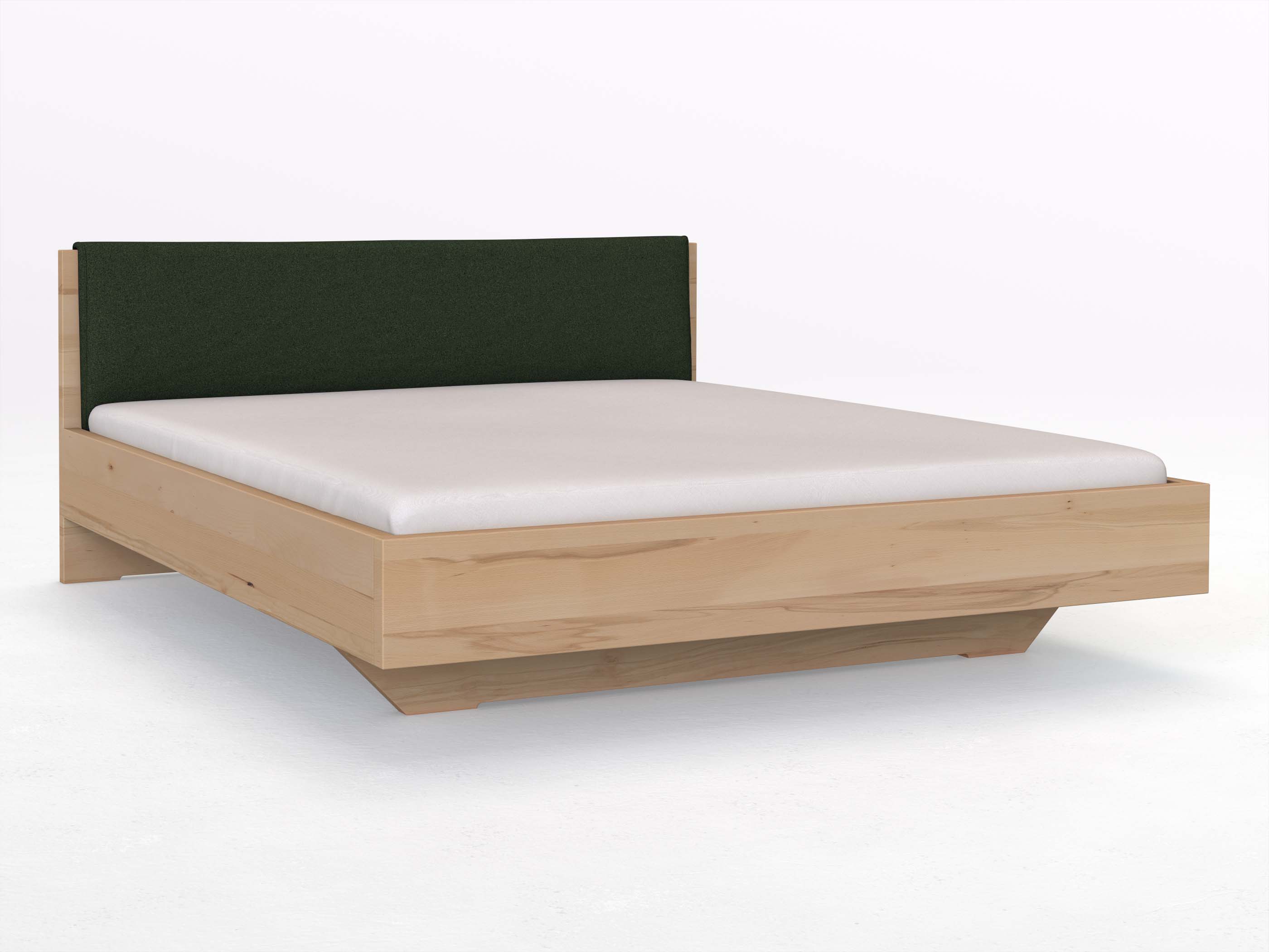 Kernbuchenbett „Lukas“ in 180 x 200 cm, mit Stoffkopfteil - Stoff: Schafschurwolle „Loden“ in der Farbe Tannenwald