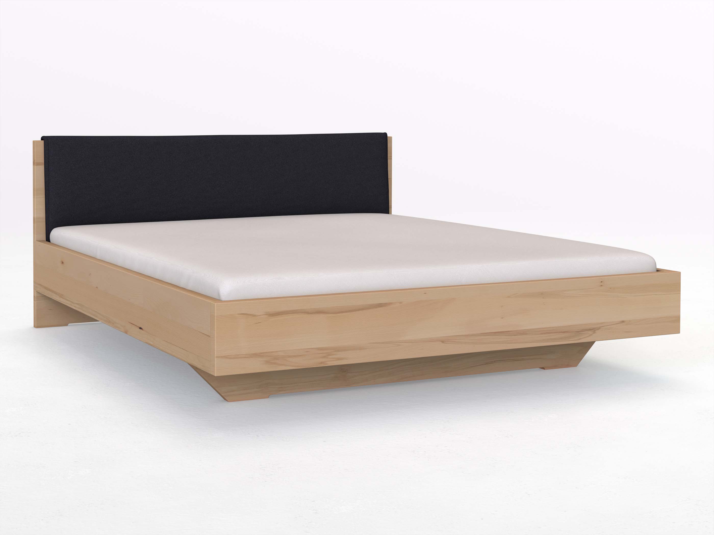 Kernbuchenbett „Lukas“ in 180 x 200 cm, mit Stoffkopfteil - Stoff: Schafschurwolle „Loden“ in der Farbe Nachtblau