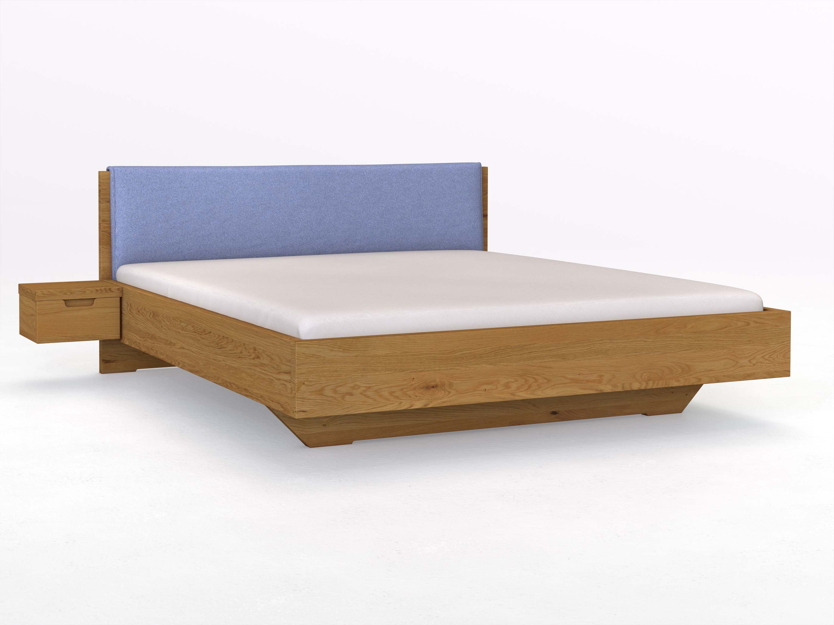 Eichenbett „Lukas“ in 180 x 200 cm, mit Stoffkopfteil - Stoff: Schafschurwolle „Fischgrät“ in der Farbe Kornblume