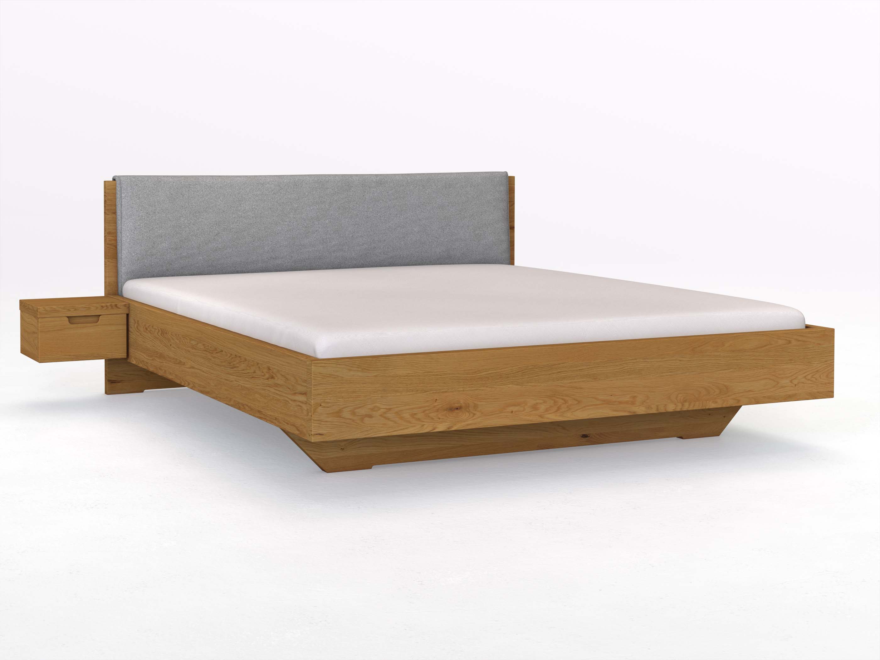 Eichenbett „Lukas“ in 180 x 200 cm, mit Stoffkopfteil - Stoff: Schafschurwolle „Loden“ in der Farbe Nebelgrau