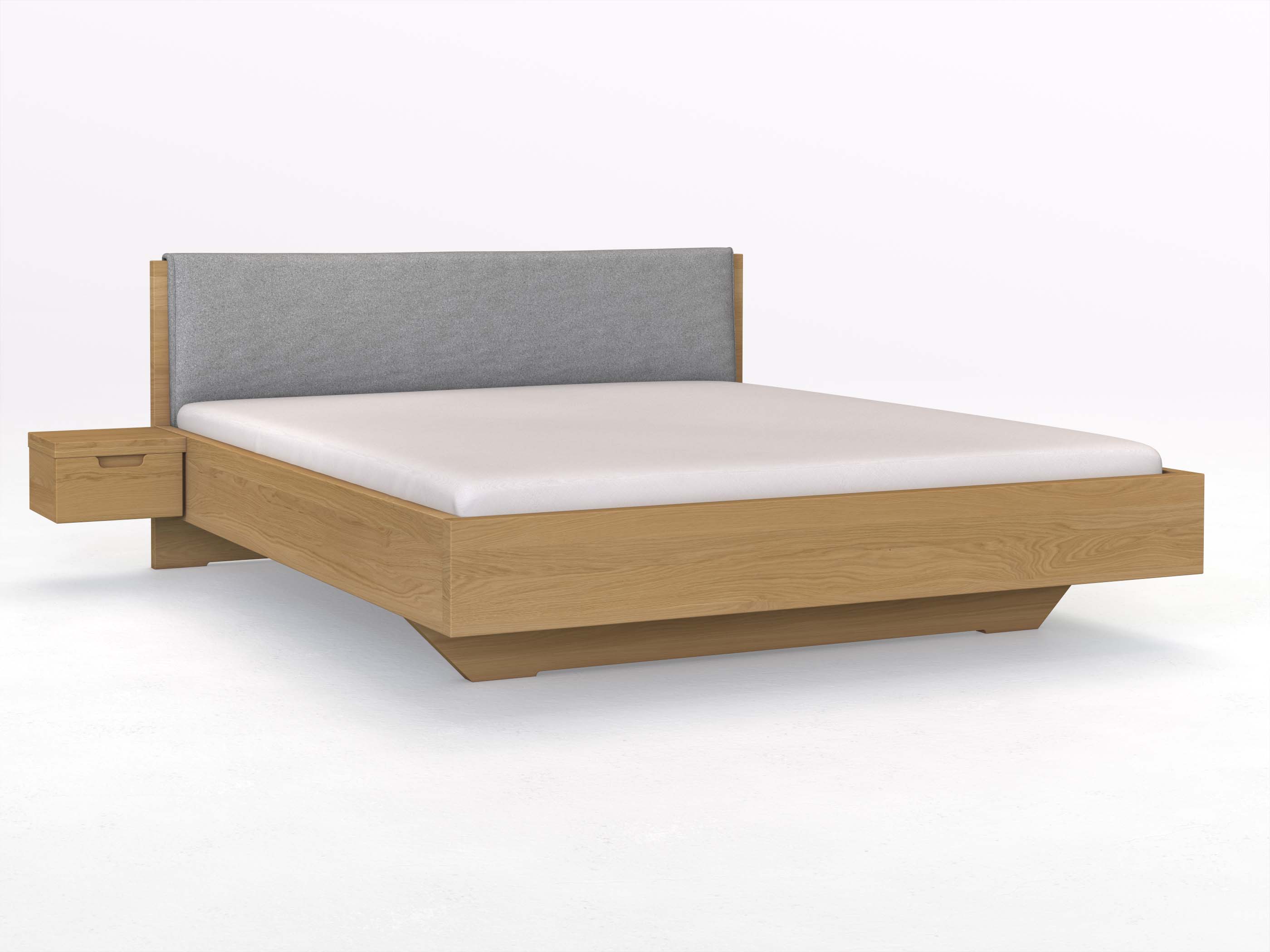 Eichenbett Hell „Lukas“ in 180 x 200 cm, mit Stoffkopfteil - Stoff: Schafschurwolle „Loden“ in der Farbe Nebelgrau