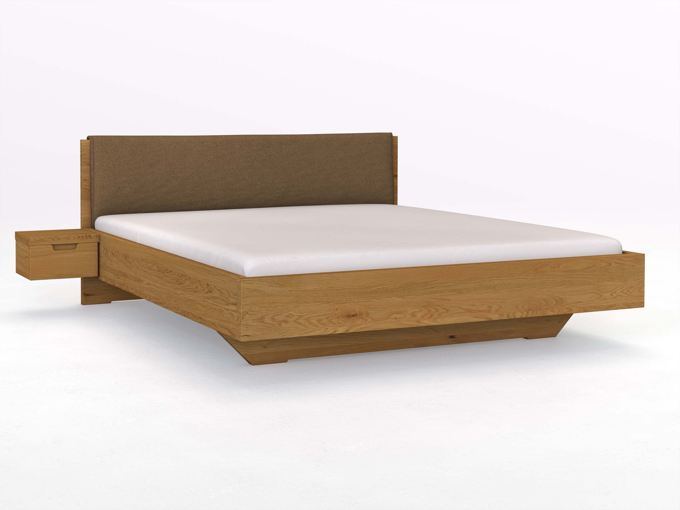 Eichenbett „Lukas“ in 180 x 200 cm, mit Stoffkopfteil - Stoff: Schafschurwolle „Loden“ in der Farbe Zimtrinde