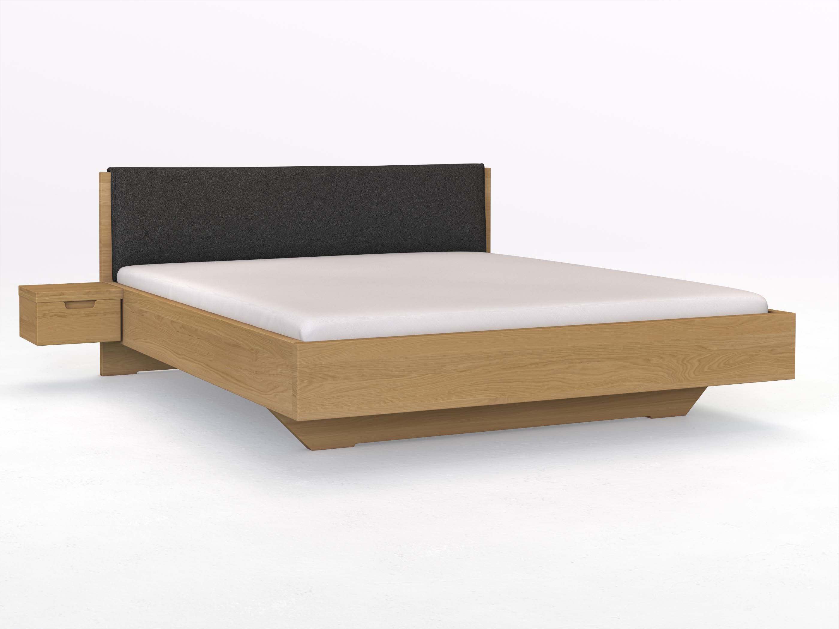 Eichenbett Hell „Lukas“ in 180 x 200 cm, mit Stoffkopfteil - Stoff: Schafschurwolle „Loden“ in der Farbe Anthrazit