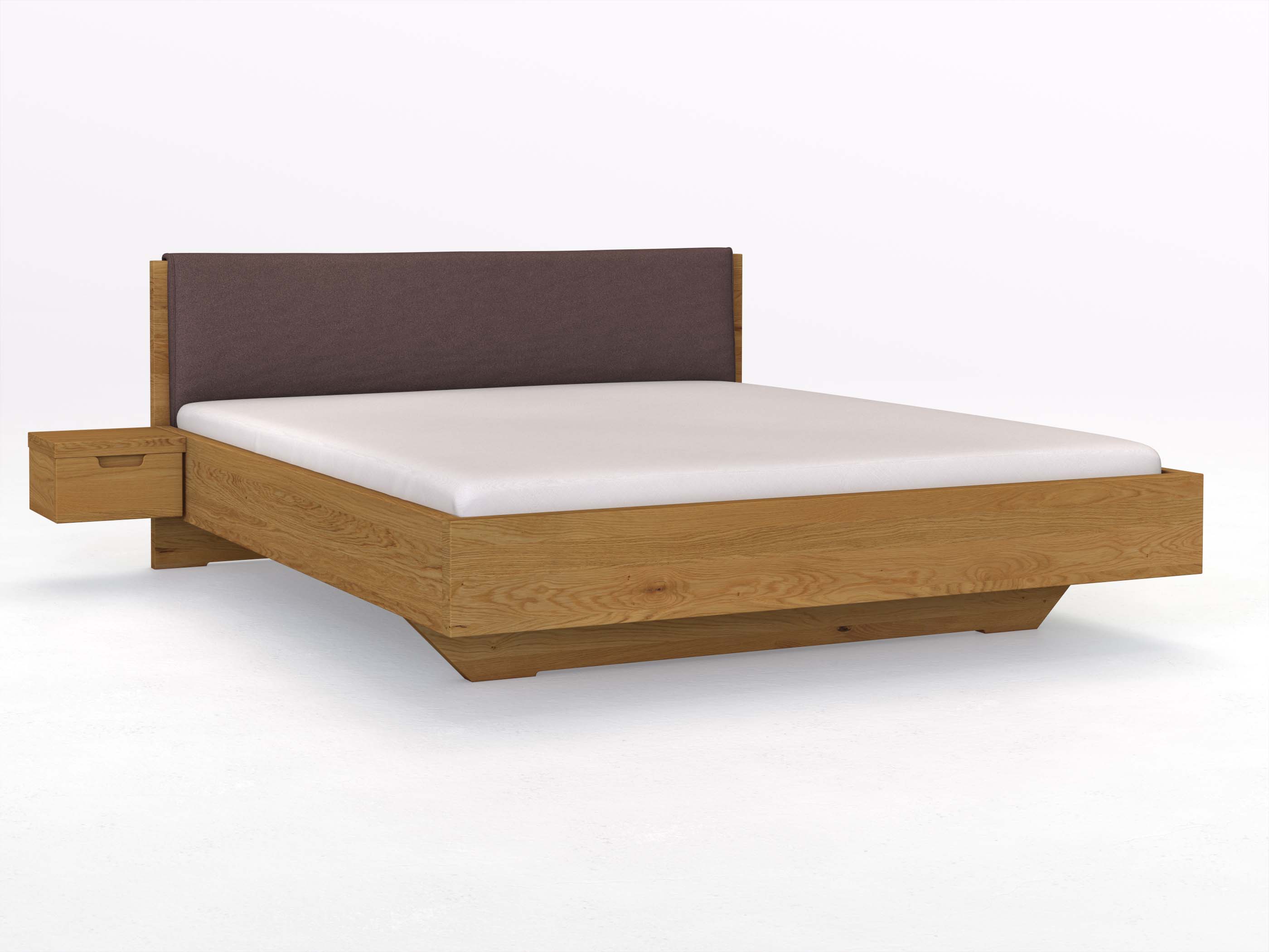 Eichenbett „Lukas“ in 180 x 200 cm, mit Stoffkopfteil - Stoff: Schafschurwolle „Loden“ in der Farbe Abenddämmerung