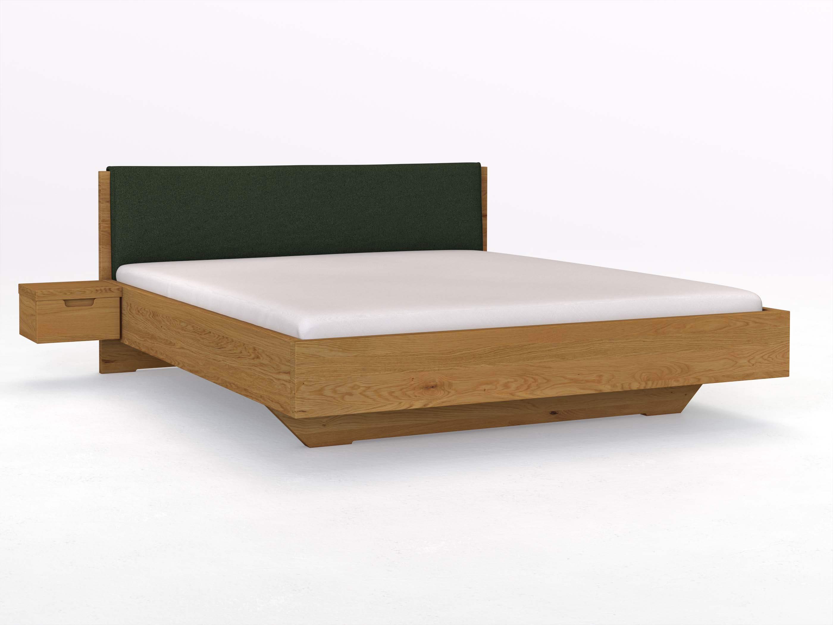Eichenbett „Lukas“ in 180 x 200 cm, mit Stoffkopfteil - Stoff: Schafschurwolle „Loden“ in der Farbe Tannenwald