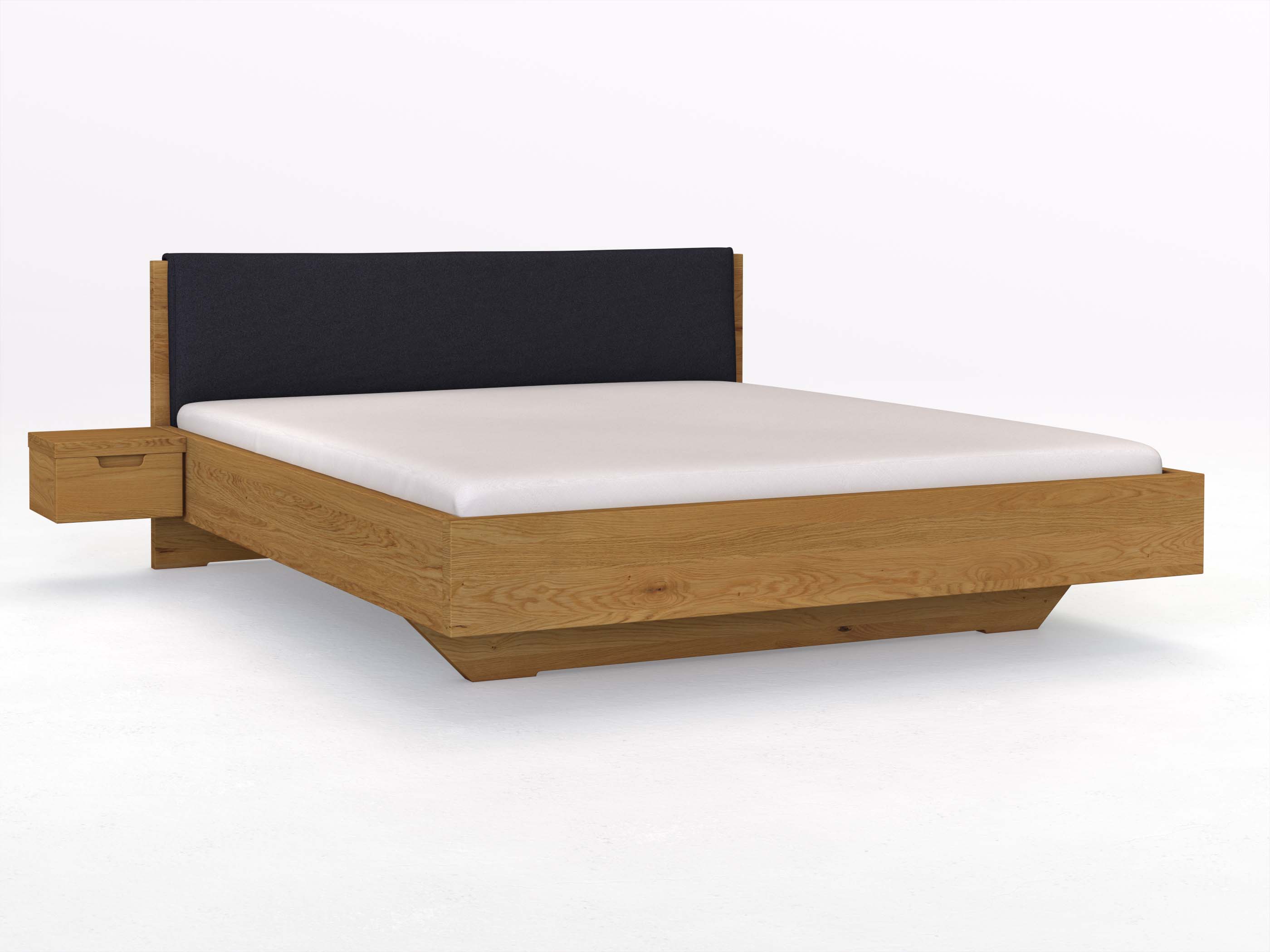 Eichenbett „Lukas“ in 180 x 200 cm, mit Stoffkopfteil - Stoff: Schafschurwolle „Loden“ in der Farbe Nachtblau