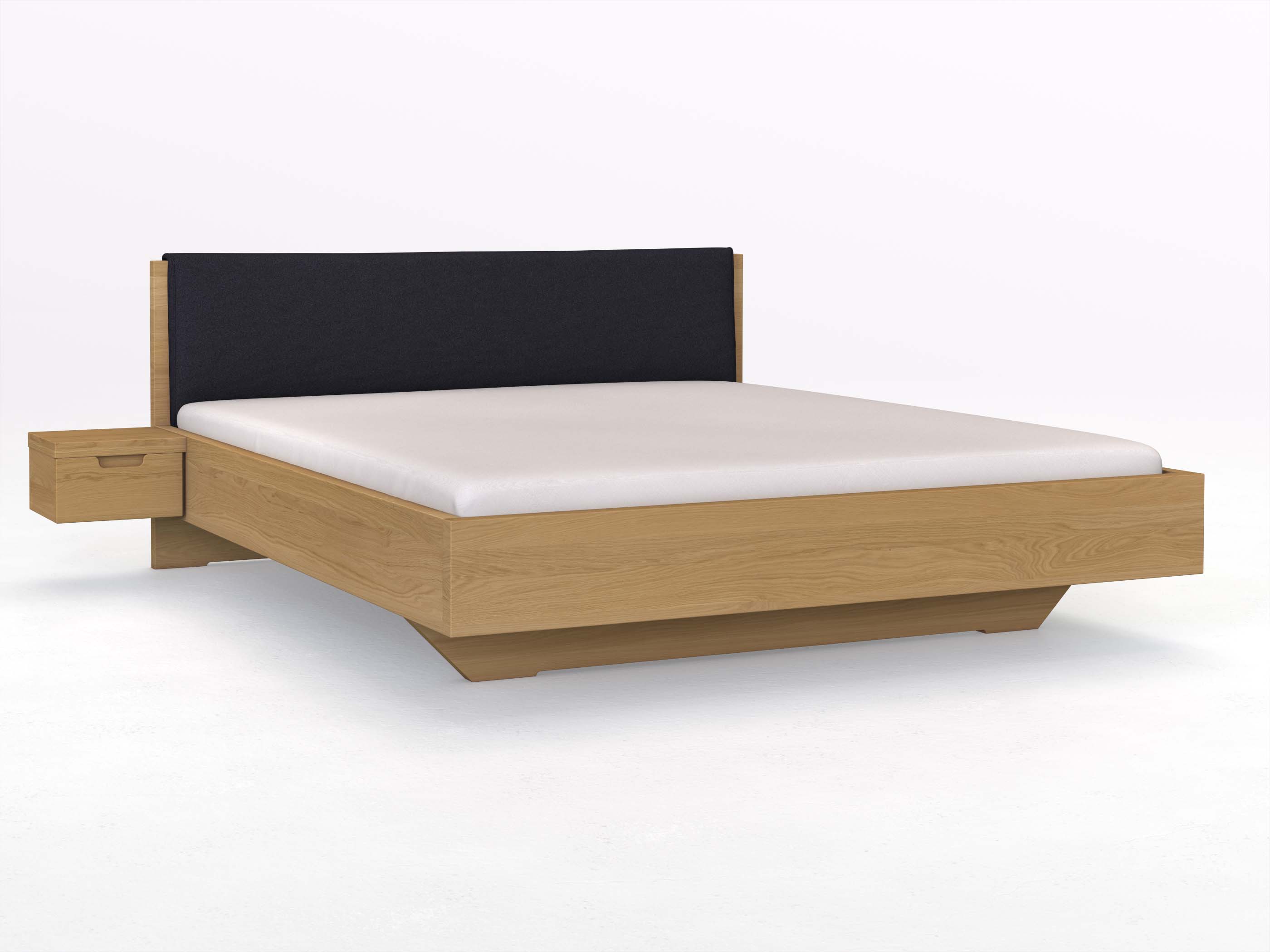 Eichenbett Hell „Lukas“ in 180 x 200 cm, mit Stoffkopfteil - Stoff: Schafschurwolle „Loden“ in der Farbe Nachtblau