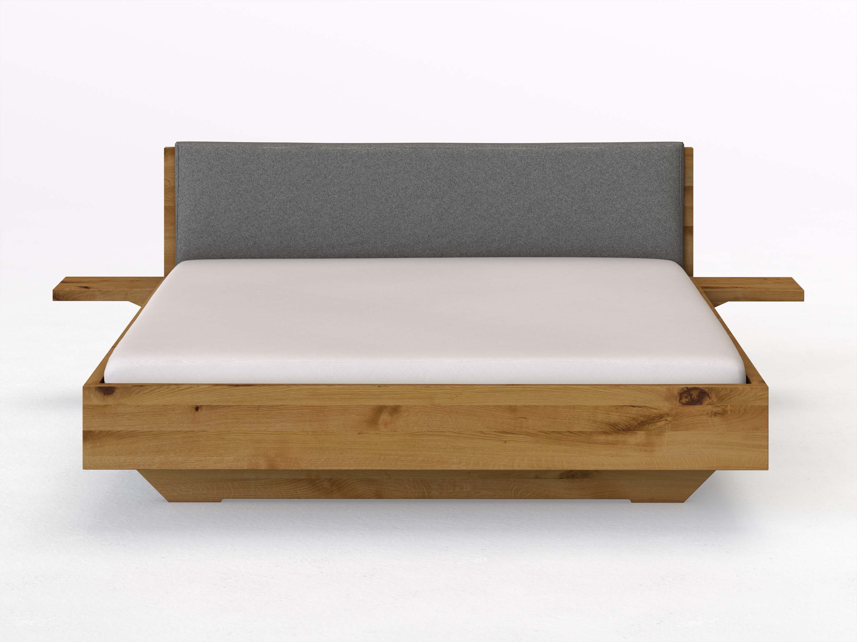 Wildeichenbett „Lukas“ in 180 x 200 cm mit 2 Ablagen und Stoffkopfteil - Stoff: Schafschurwolle „Fischgrät“ in der Farbe Grauer Mohn