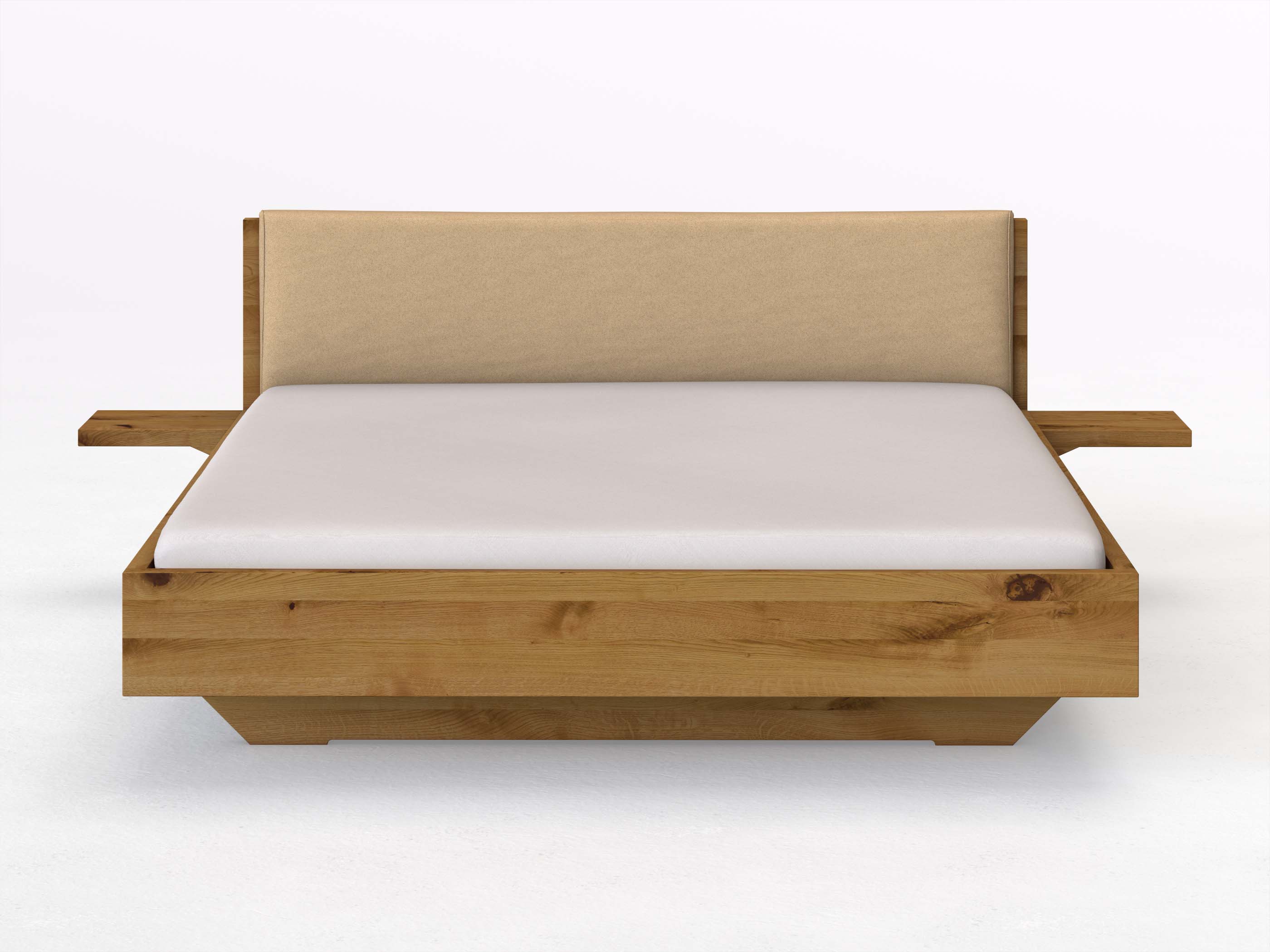 Wildeichenbett „Lukas“ in 180 x 200 cm mit 2 Ablagen und Stoffkopfteil - Stoff: Schafschurwolle „Fischgrät“ in der Farbe Goldhirse
