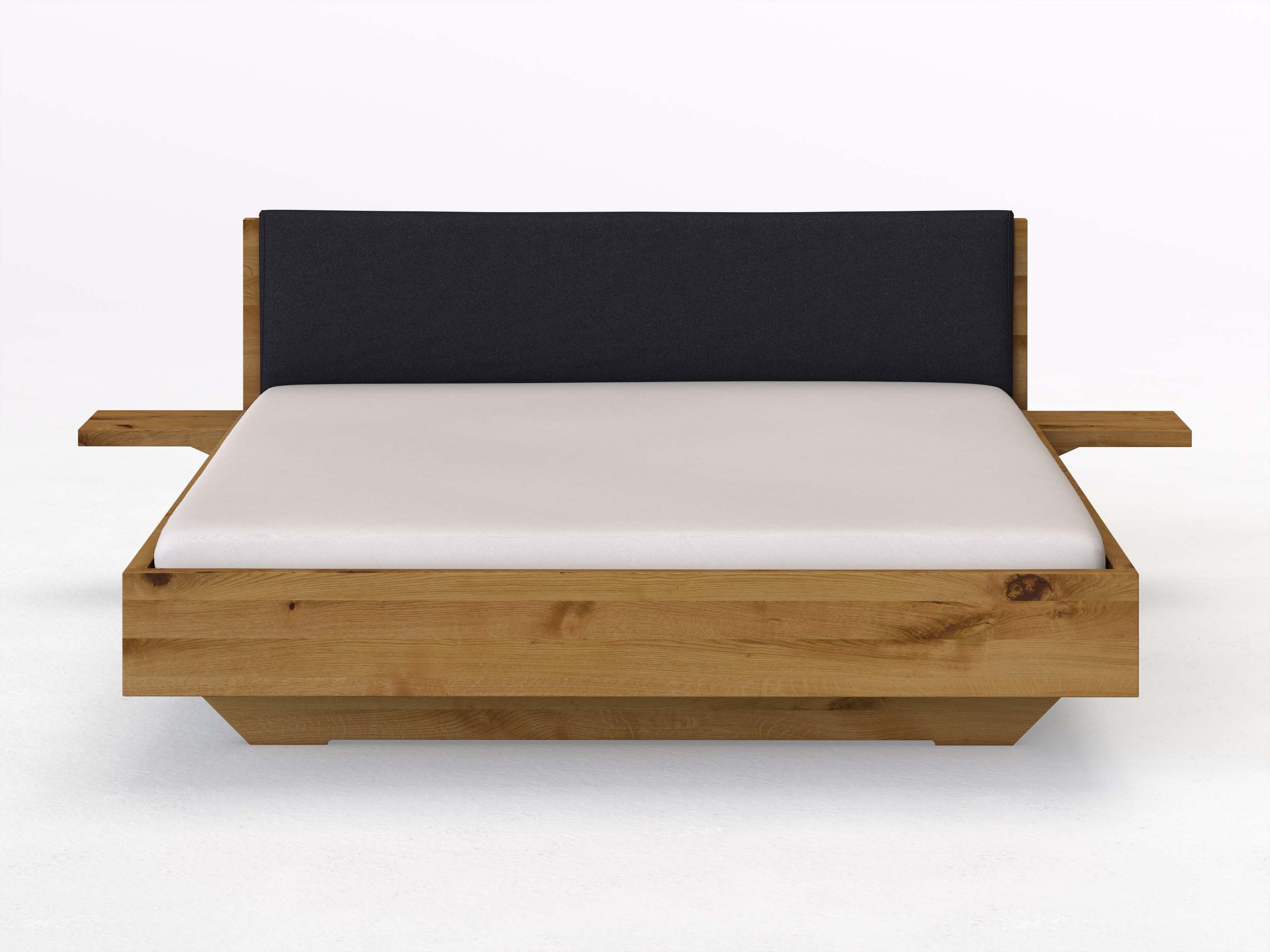 Wildeichenbett „Lukas“ in 180 x 200 cm mit 2 Ablagen und Stoffkopfteil - Stoff: Schafschurwolle „Loden“ in der Farbe Nachtblau