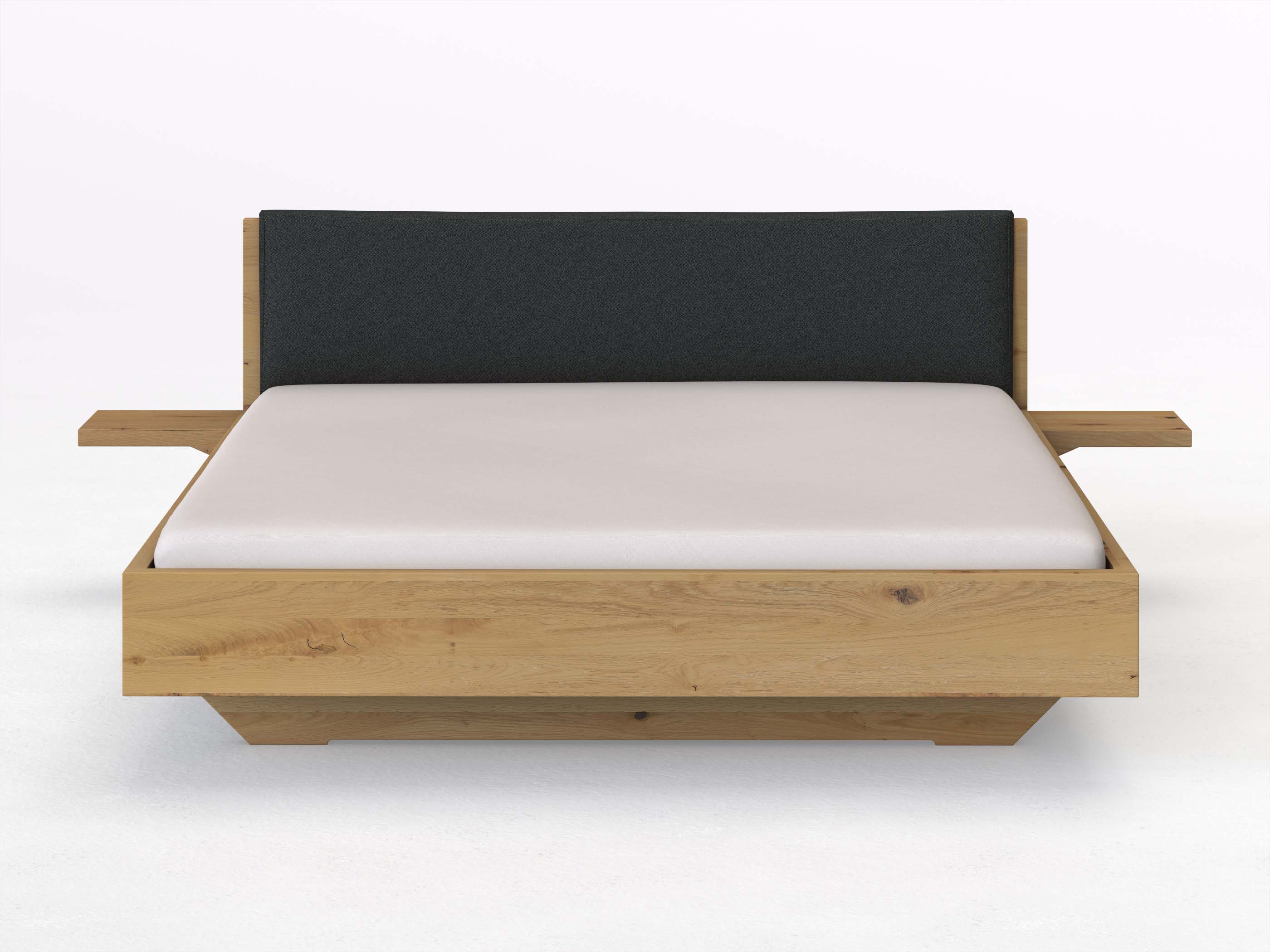Wildeichenbett Hell „Lukas“ in 180 x 200 cm mit 2 Ablagen und Stoffkopfteil - Stoff: Schafschurwolle „Fischgrät“ in der Farbe Wacholderbeere