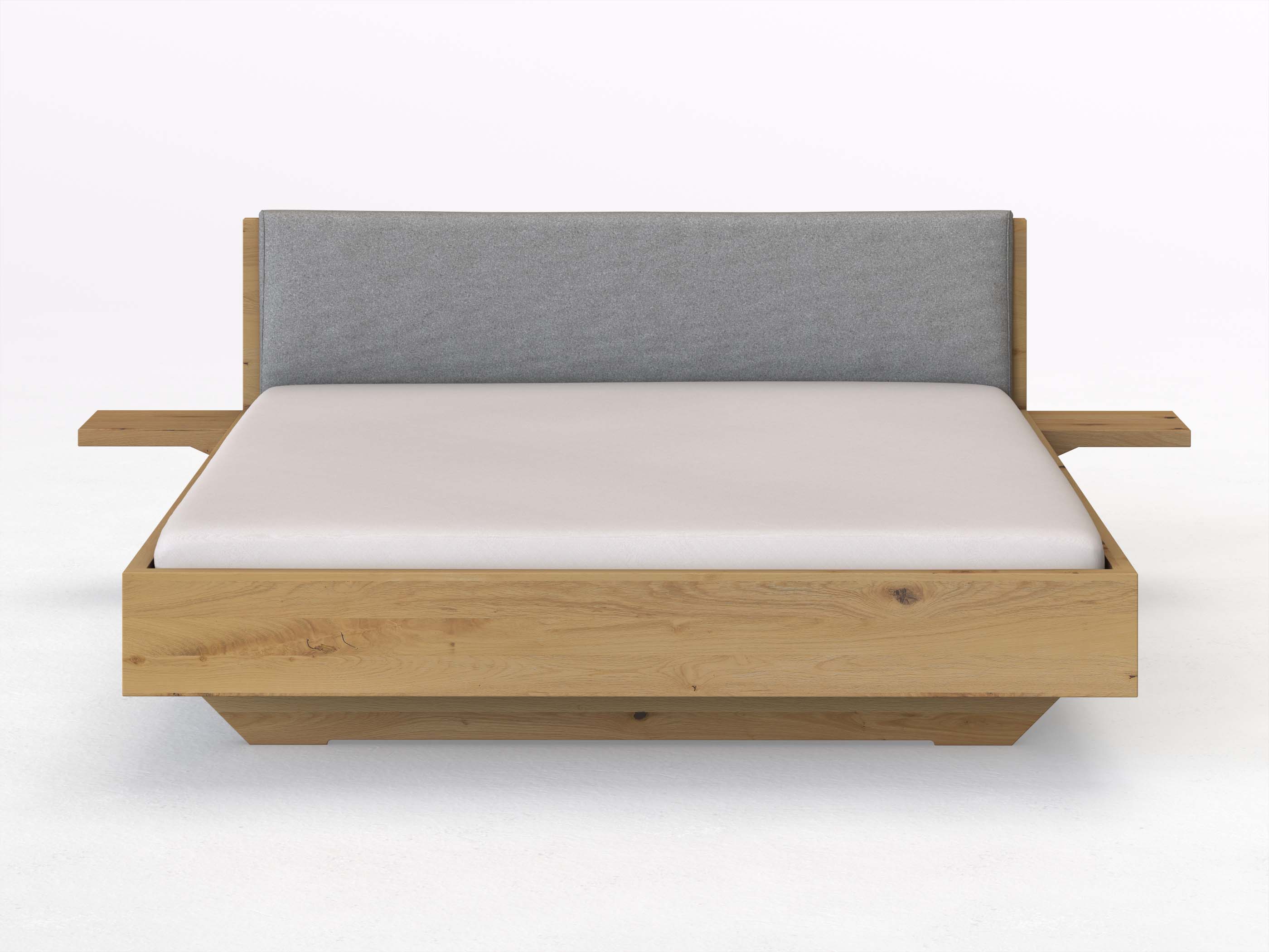 Wildeichenbett Hell „Lukas“ in 180 x 200 cm mit 2 Ablagen und Stoffkopfteil - Stoff: Schafschurwolle „Loden“ in der Farbe Nebelgrau