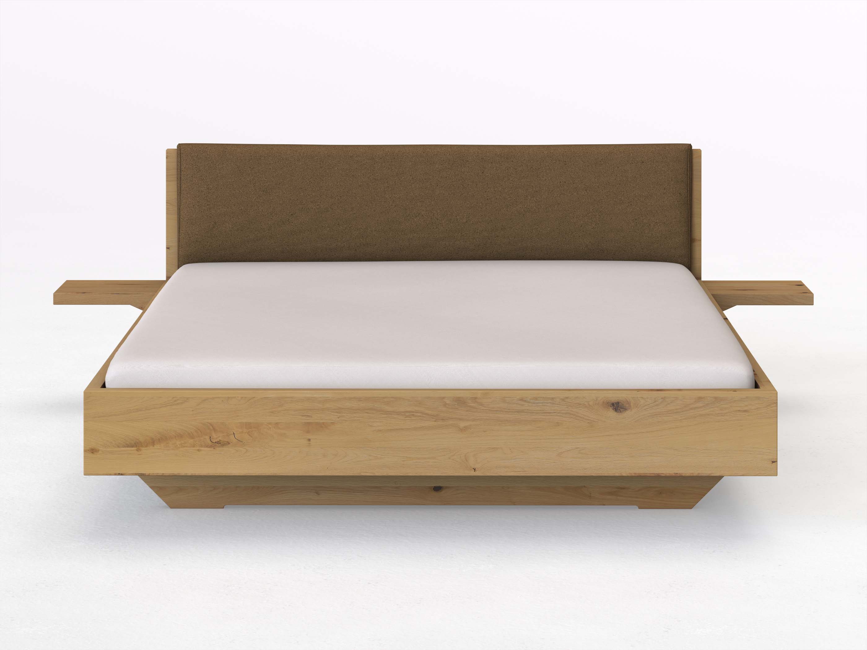 Wildeichenbett Hell „Lukas“ in 180 x 200 cm mit 2 Ablagen und Stoffkopfteil - Stoff: Schafschurwolle „Loden“ in der Farbe Zimtrinde