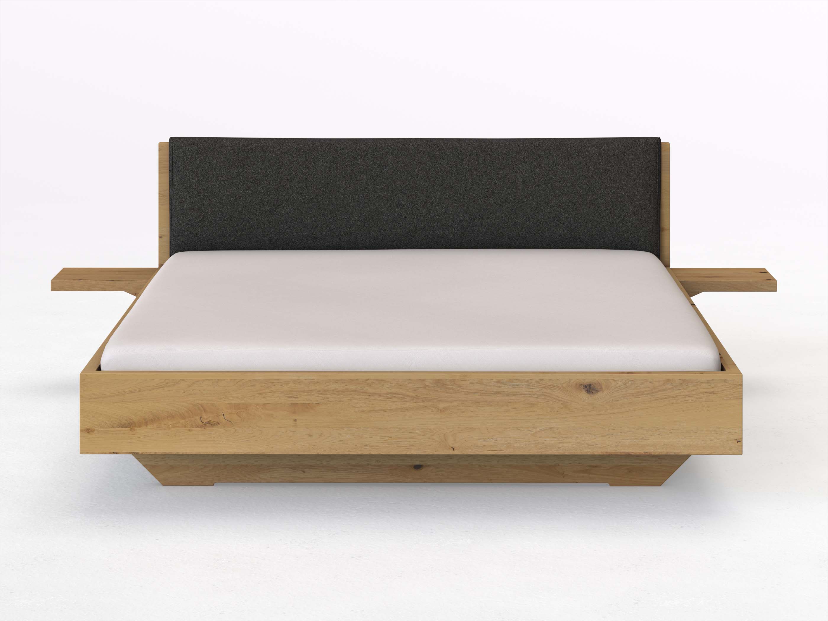 Wildeichenbett Hell „Lukas“ in 180 x 200 cm mit 2 Ablagen und Stoffkopfteil - Stoff: Schafschurwolle „Loden“ in der Farbe Anthrazit