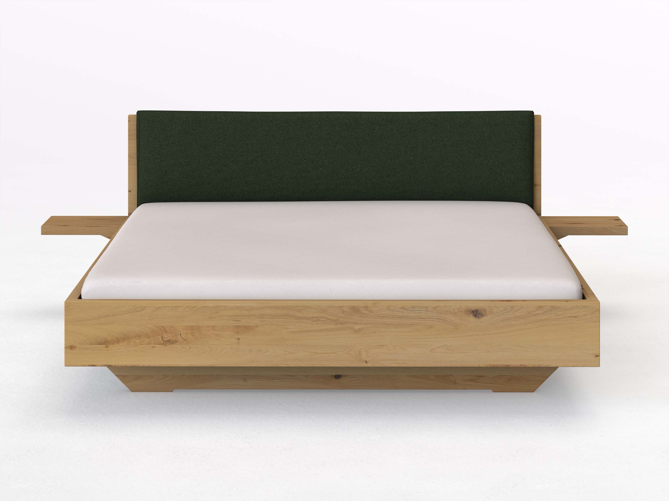 Wildeichenbett Hell „Lukas“ in 180 x 200 cm mit 2 Ablagen und Stoffkopfteil - Stoff: Schafschurwolle „Loden“ in der Farbe Tannenwald