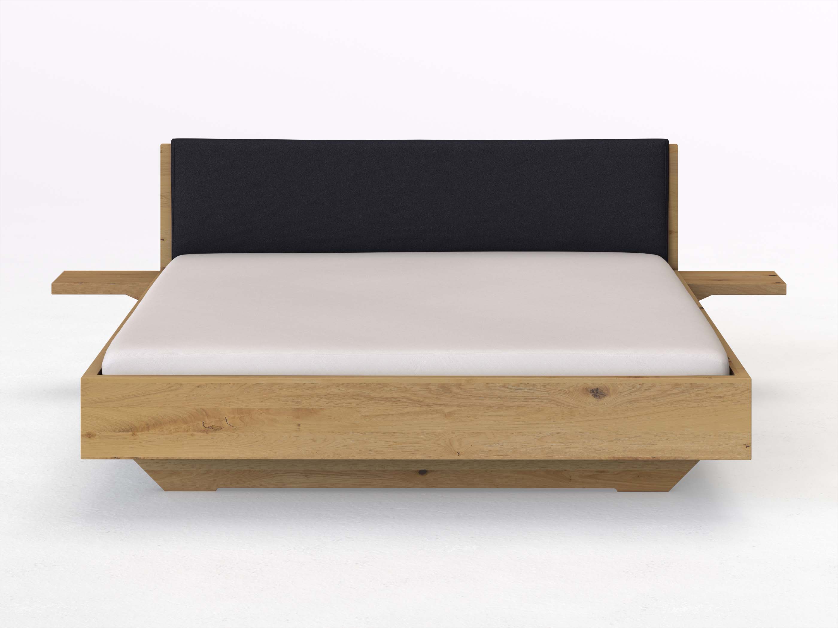 Wildeichenbett Hell „Lukas“ in 180 x 200 cm mit 2 Ablagen und Stoffkopfteil - Stoff: Schafschurwolle „Loden“ in der Farbe Nachtblau