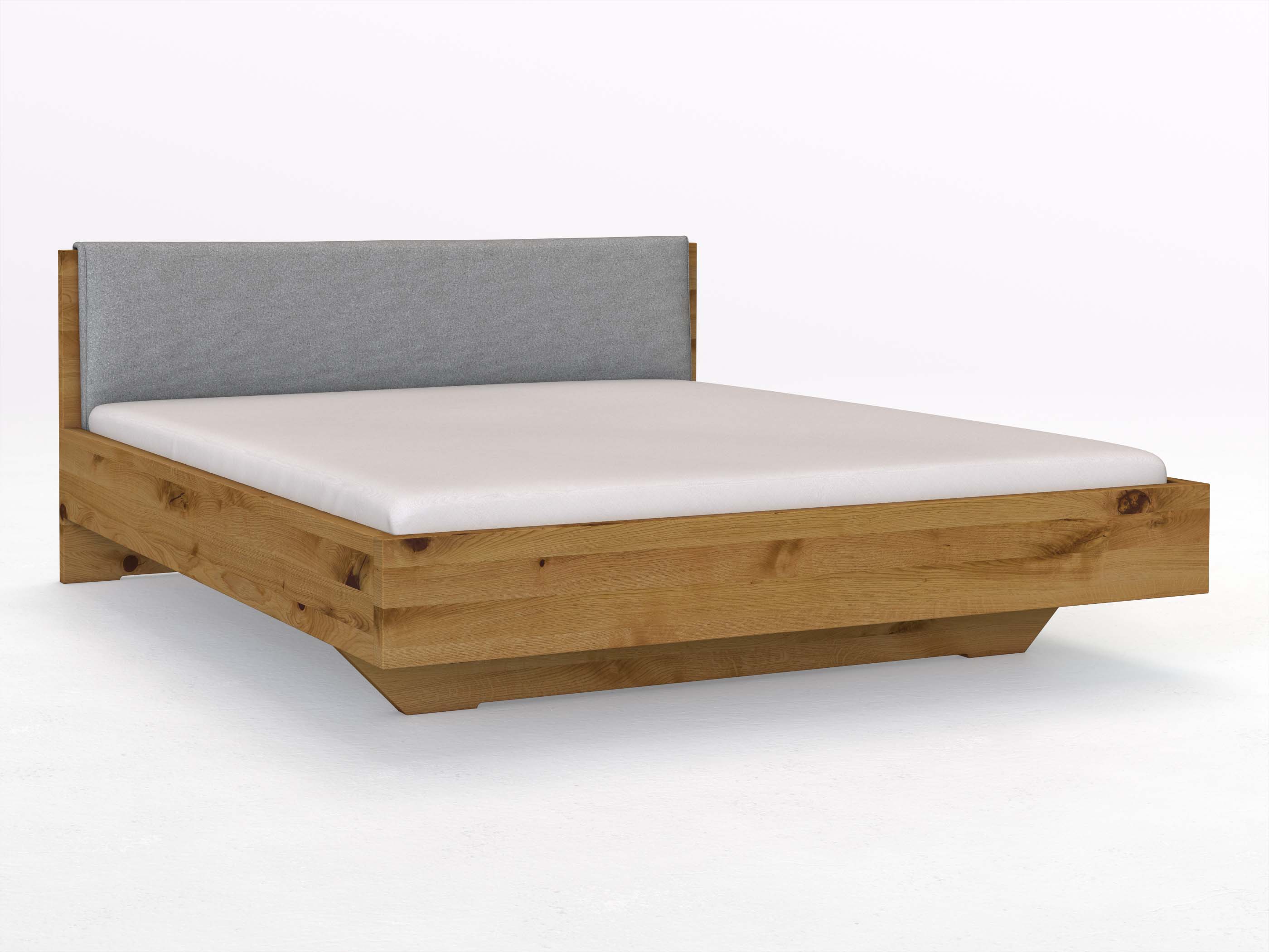 Wildeichenbett „Lukas“ in 180 x 200 cm, mit Stoffkopfteil - Stoff: Schafschurwolle „Loden“ in der Farbe Nebelgrau