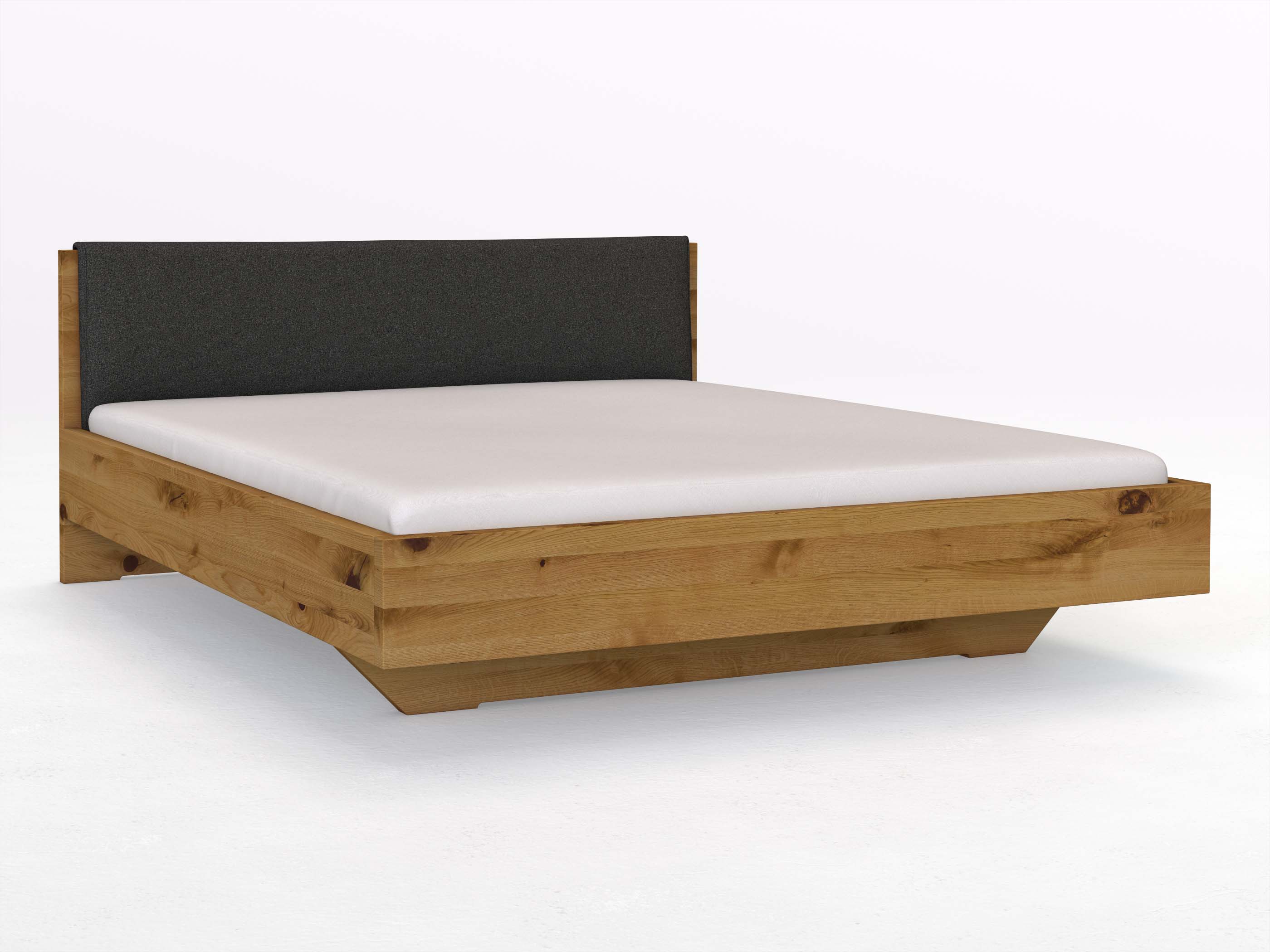 Wildeichenbett „Lukas“ in 180 x 200 cm, mit Stoffkopfteil - Stoff: Schafschurwolle „Loden“ in der Farbe Anthrazit