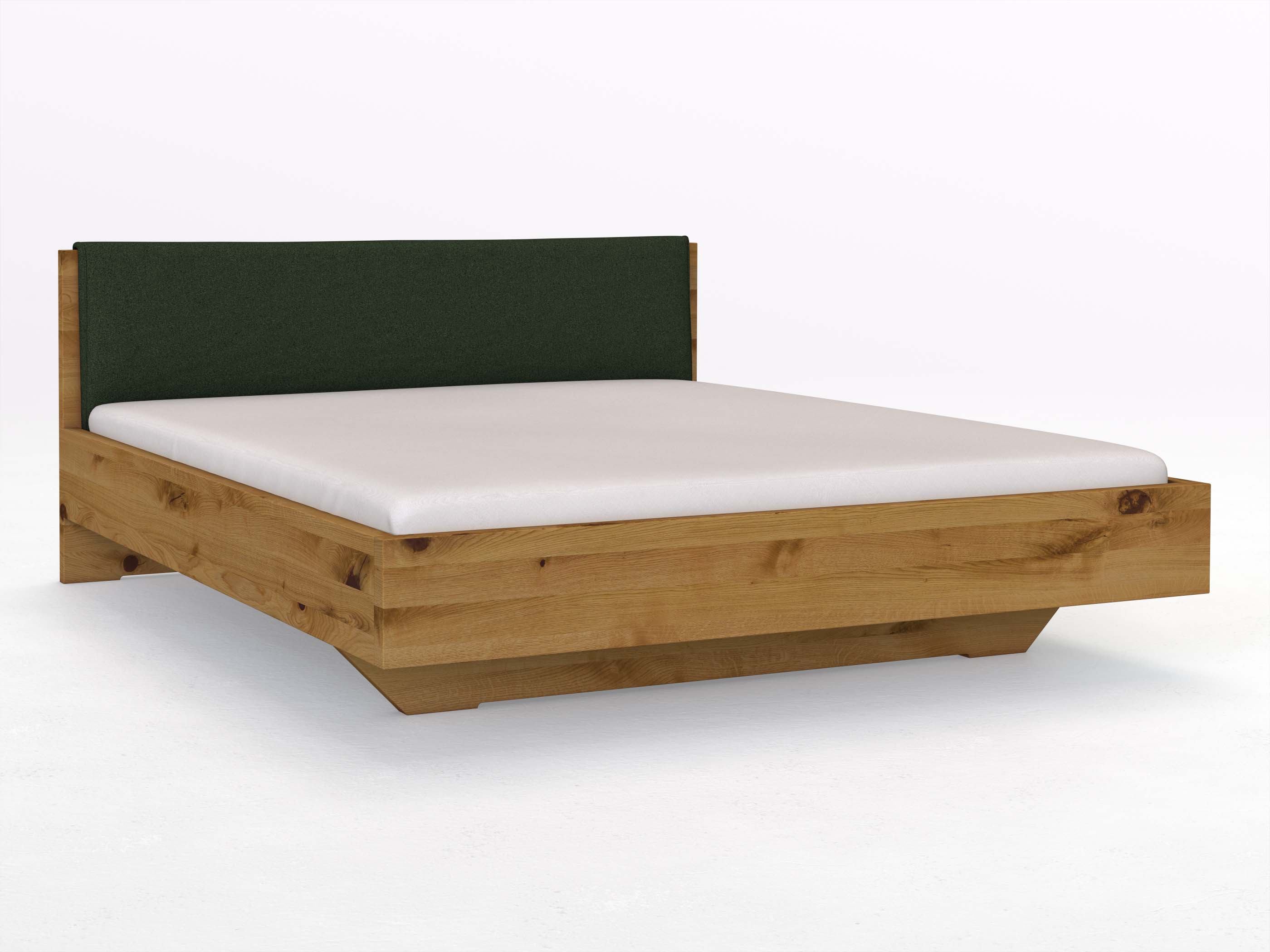 Wildeichenbett „Lukas“ in 180 x 200 cm, mit Stoffkopfteil - Stoff: Schafschurwolle „Loden“ in der Farbe Tannenwald