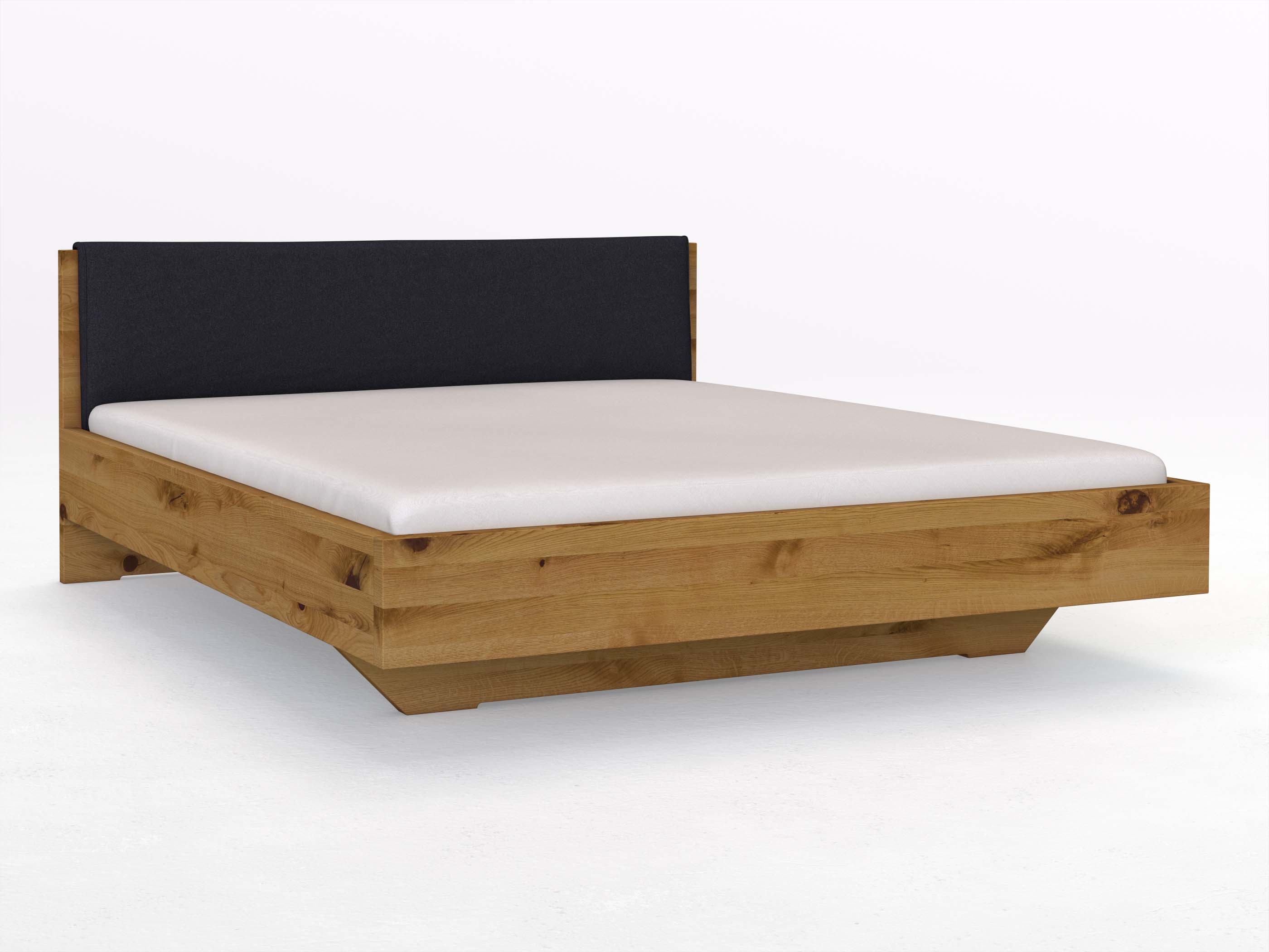 Wildeichenbett „Lukas“ in 180 x 200 cm, mit Stoffkopfteil - Stoff: Schafschurwolle „Loden“ in der Farbe Nachtblau