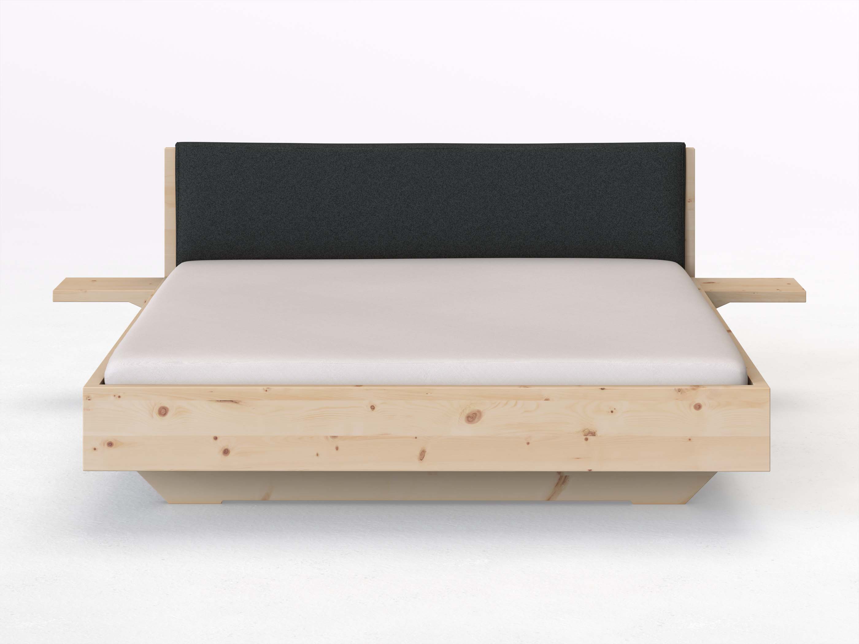 Zirbenbett „Lukas“ in 180 x 200 cm mit 2 Ablagen und Stoffkopfteil - Stoff: Schafschurwolle „Fischgrät“ in der Farbe Wacholderbeere