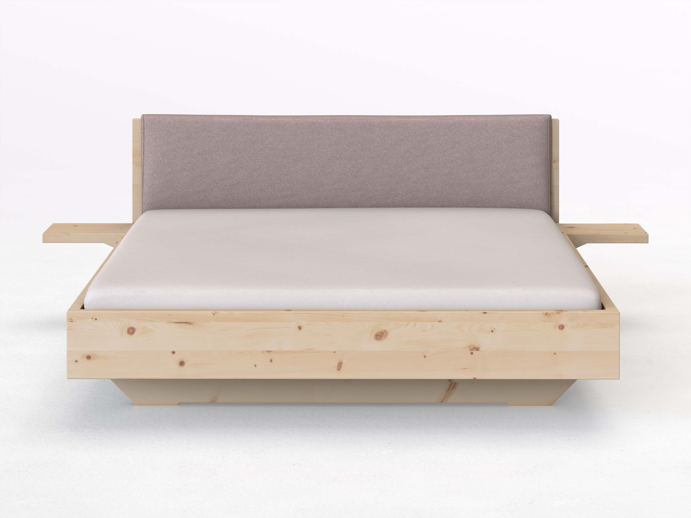 Zirbenbett „Lukas“ in 180 x 200 cm mit 2 Ablagen und Stoffkopfteil - Stoff: Schafschurwolle „Fischgrät“ in der Farbe Zartflieder