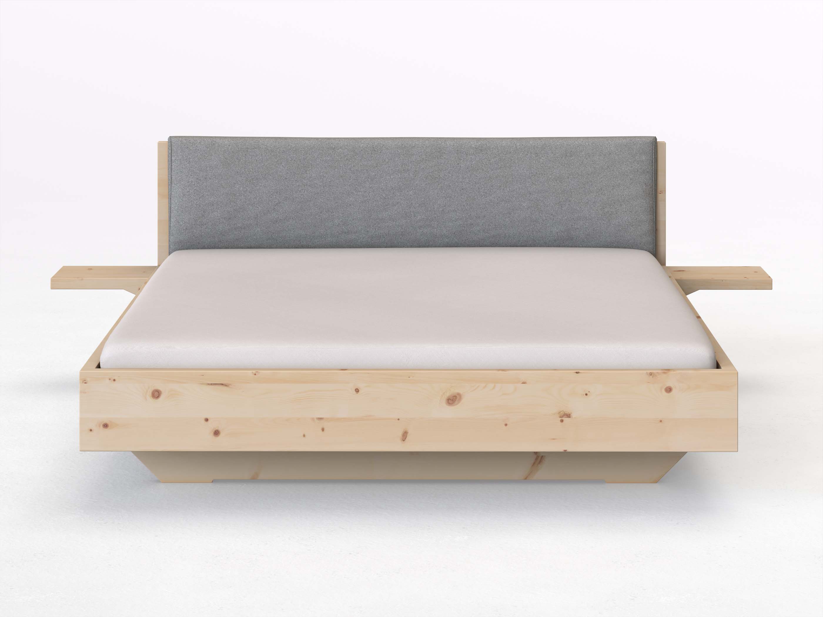 Zirbenbett „Lukas“ in 180 x 200 cm mit 2 Ablagen und Stoffkopfteil - Stoff: Schafschurwolle „Loden“ in der Farbe Nebelgrau