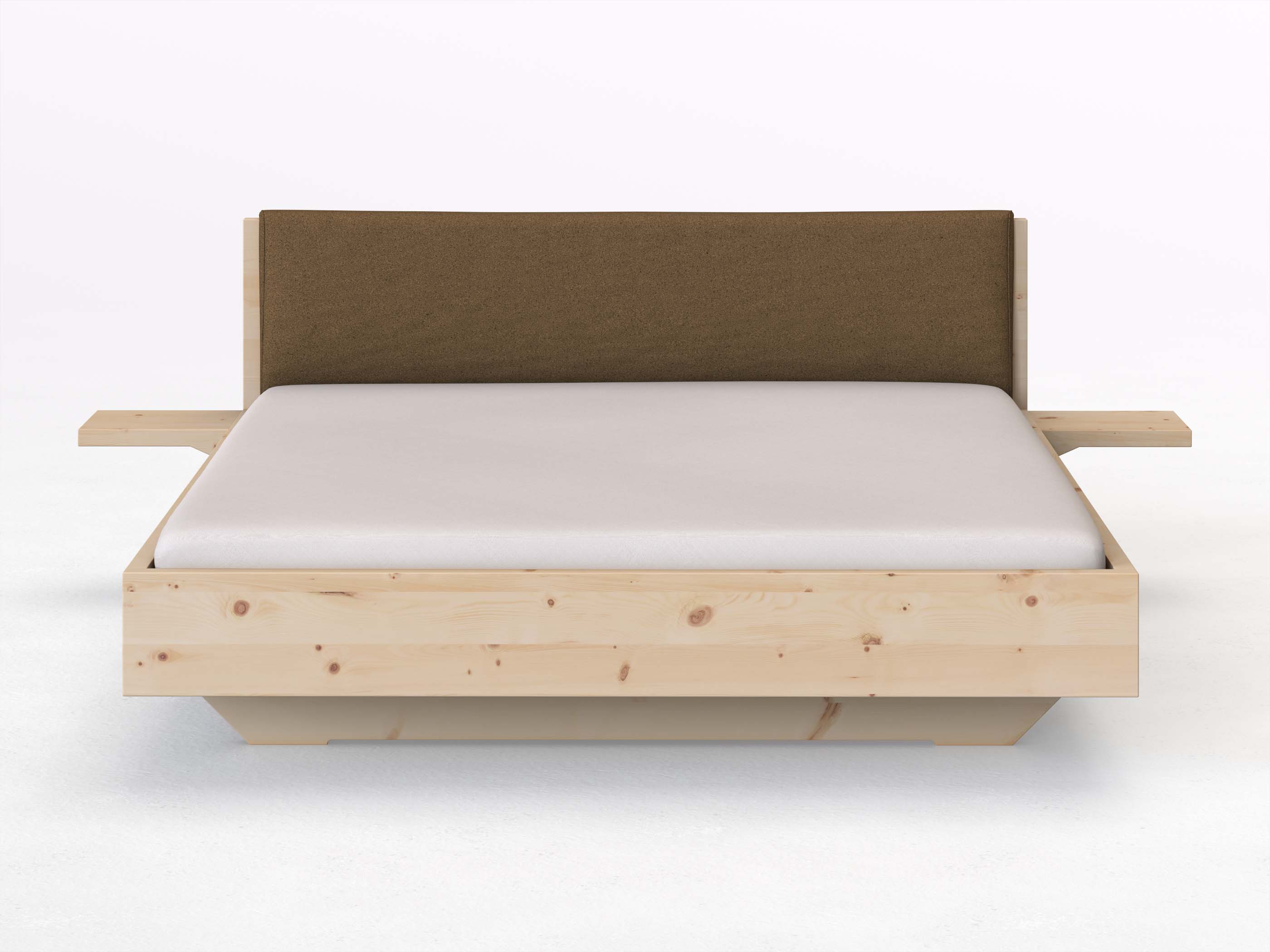 Zirbenbett „Lukas“ in 180 x 200 cm mit 2 Ablagen und Stoffkopfteil - Stoff: Schafschurwolle „Loden“ in der Farbe Zimtrinde