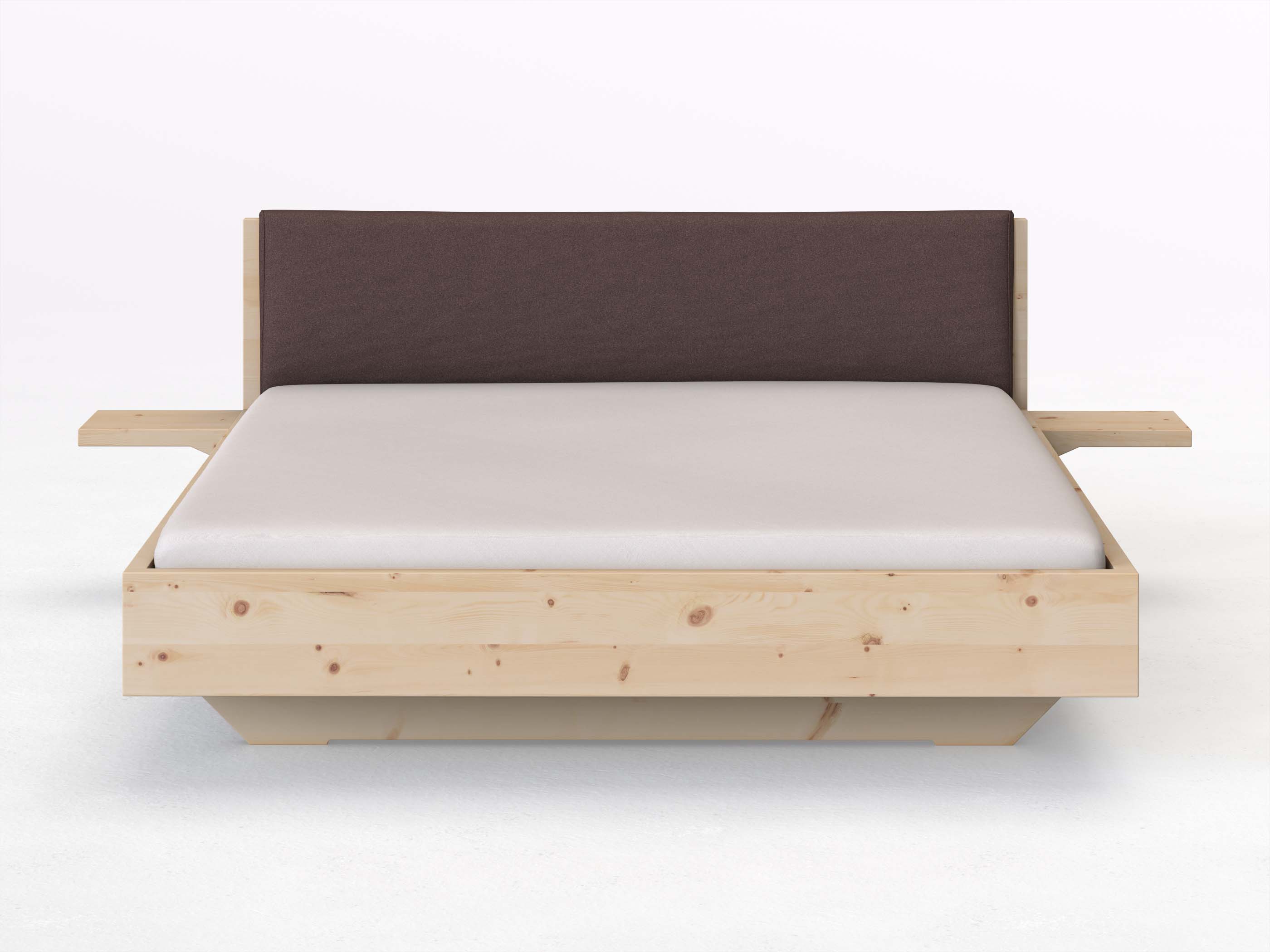Zirbenbett „Lukas“ in 180 x 200 cm mit 2 Ablagen und Stoffkopfteil - Stoff: Schafschurwolle „Loden“ in der Farbe Abenddämmerung