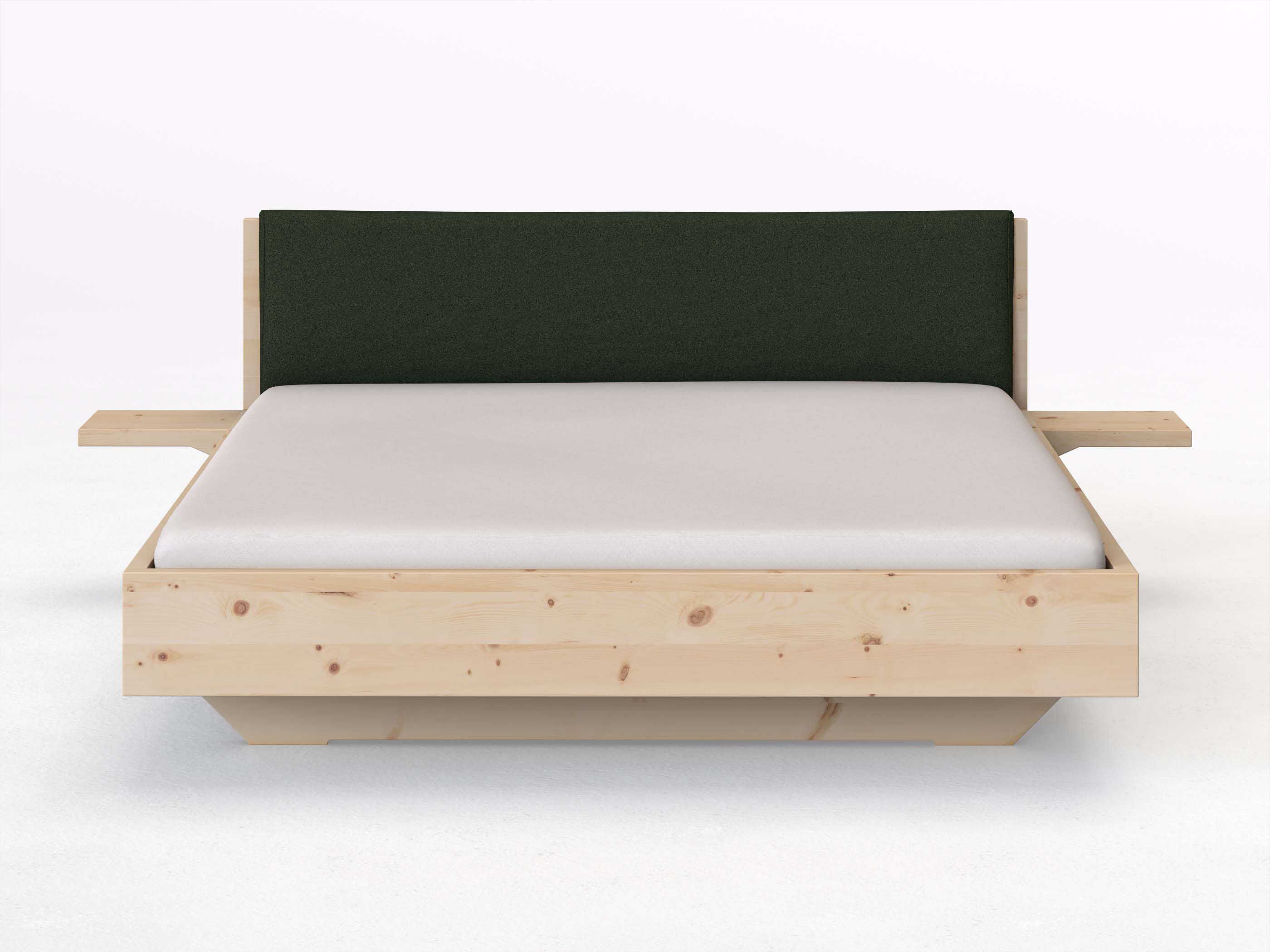 Zirbenbett „Lukas“ in 180 x 200 cm mit 2 Ablagen und Stoffkopfteil - Stoff: Schafschurwolle „Loden“ in der Farbe Tannenwald
