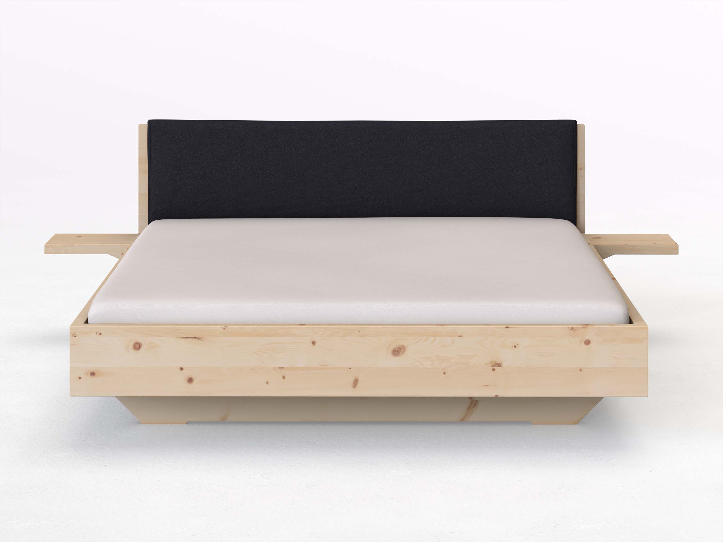 Zirbenbett „Lukas“ in 180 x 200 cm mit 2 Ablagen und Stoffkopfteil - Stoff: Schafschurwolle „Loden“ in der Farbe Nachtblau