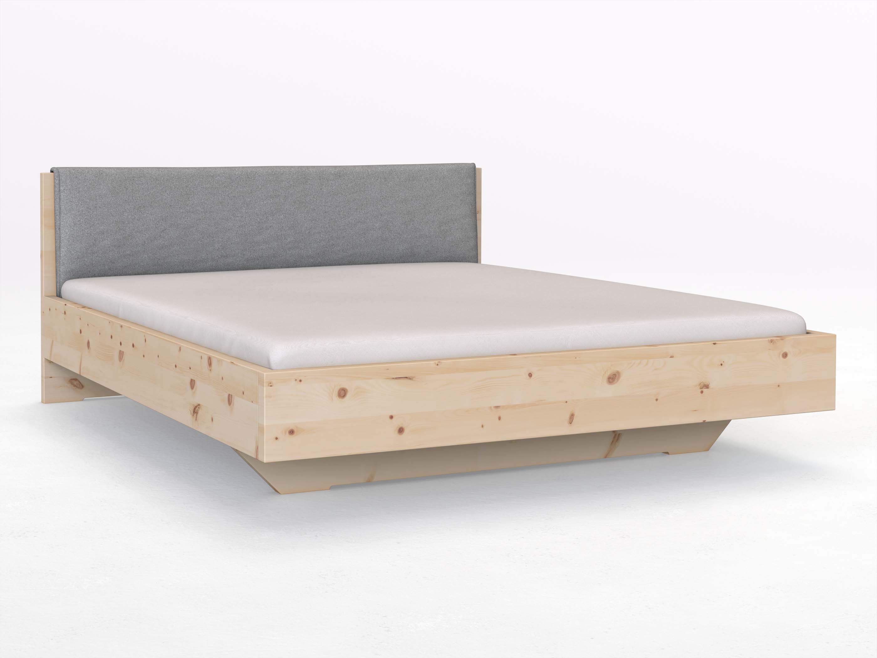 Zirbenbett „Lukas“ in 180 x 200 cm, mit Stoffkopfteil - Stoff: Schafschurwolle „Loden“ in der Farbe Nebelgrau