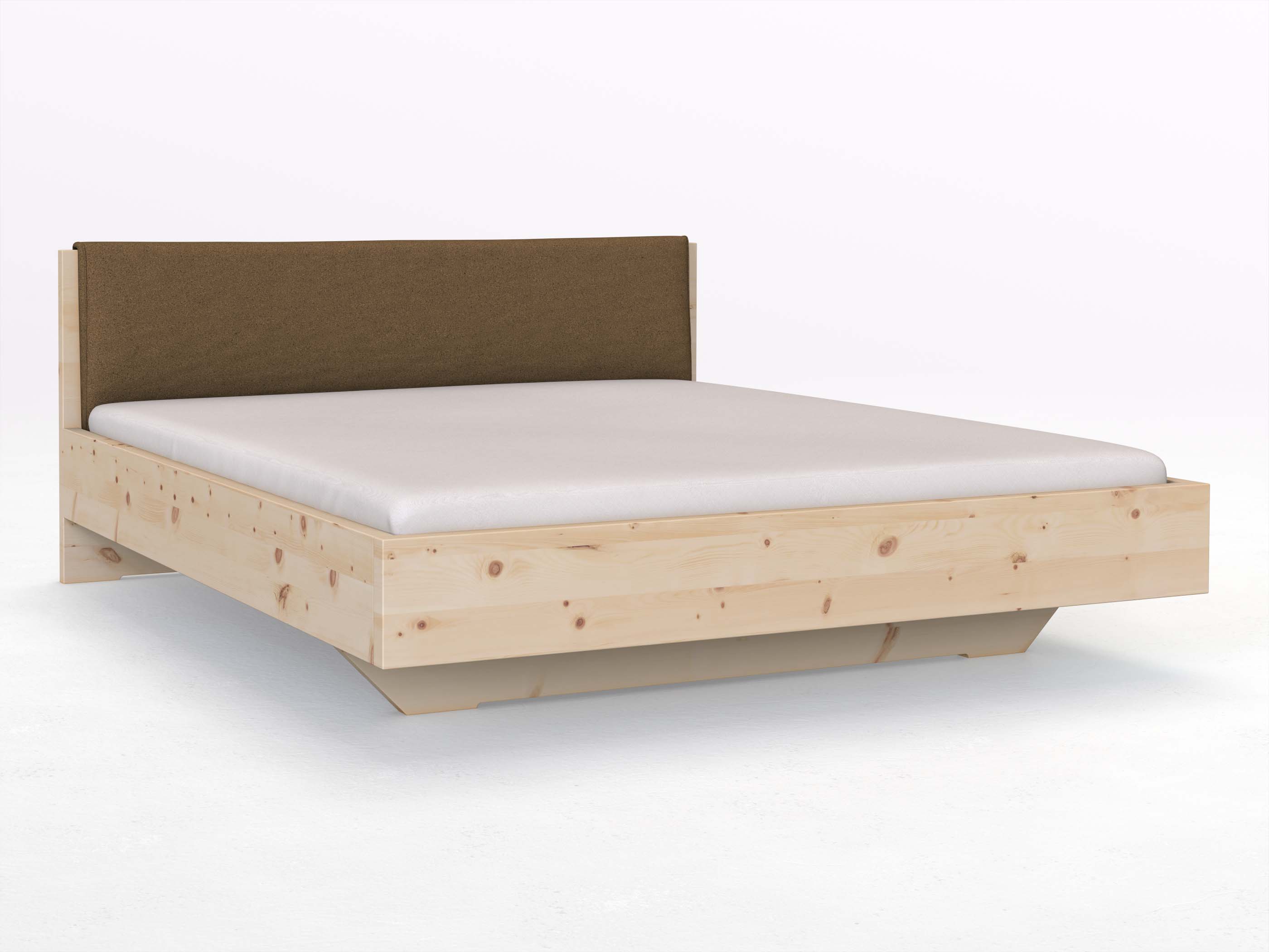 Zirbenbett „Lukas“ in 180 x 200 cm, mit Stoffkopfteil - Stoff: Schafschurwolle „Loden“ in der Farbe Zimtrinde